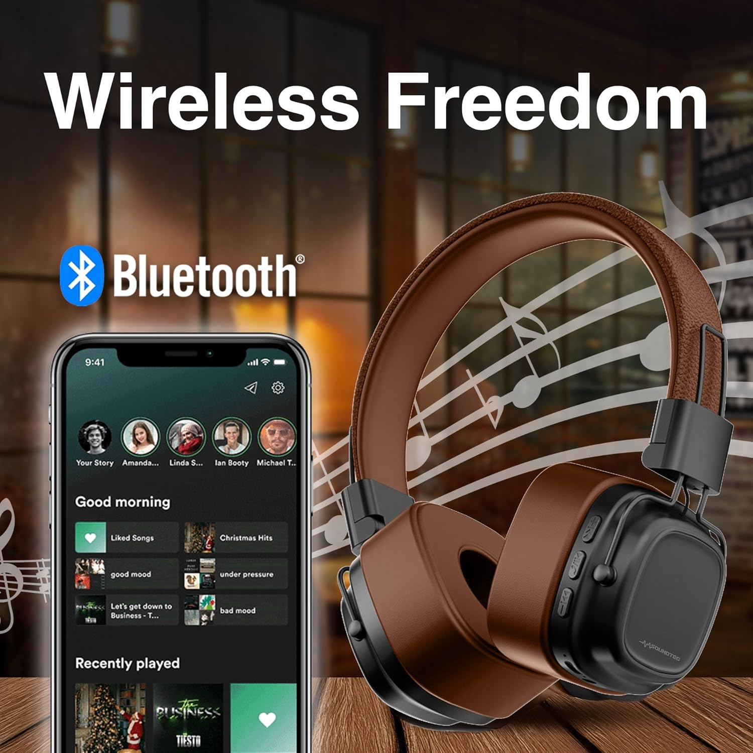 Soundtec by Laser Wireless On-Ear Headphones &ndash; Brown | Bluetooth 5.4, Foldable, 10H Playtime, AUX & Micro SD Support, Built-In Mic, USB-C, Retro Leather Style &ndash; HP-ST15BW