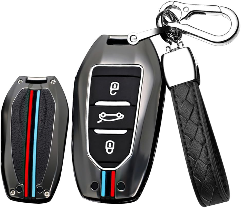HIBEYO 3 Button Key Fob Cover for Peugeot 308 408 508 2008 3008 4008 5008 Key Smart Key Cover Accessories Fashion Alloy TPU Key Protector-B Keychain Black