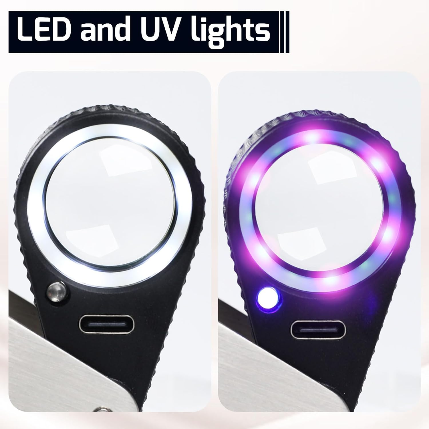 Illuminated Jewelers Loupe Magnifier 10X, Rechargeable Jewellery Magnifying Glass Foldable Jewelry Magnifier LED Loupe Triplet with 6 Leds & UV Light for Gems, Jewelry, Coins, Stamps, Etc image number 3