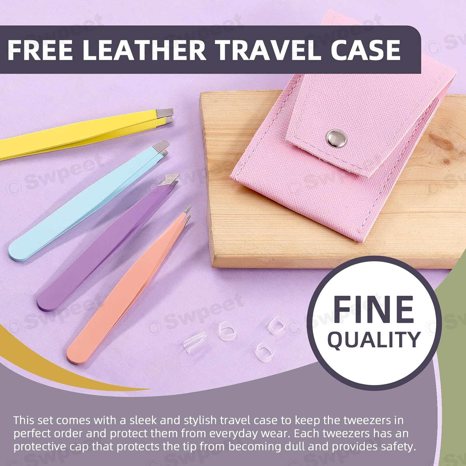 Swpeet 4Pcs 3.79 Inches Multi-Color Eyebrow Tweezers Stainless Steel Tweezers Kit with Leather Travel Case, Professional Slant Pointed Precision Tweezers Great Precision for Eyebrows Facial Hair - Black image number 4