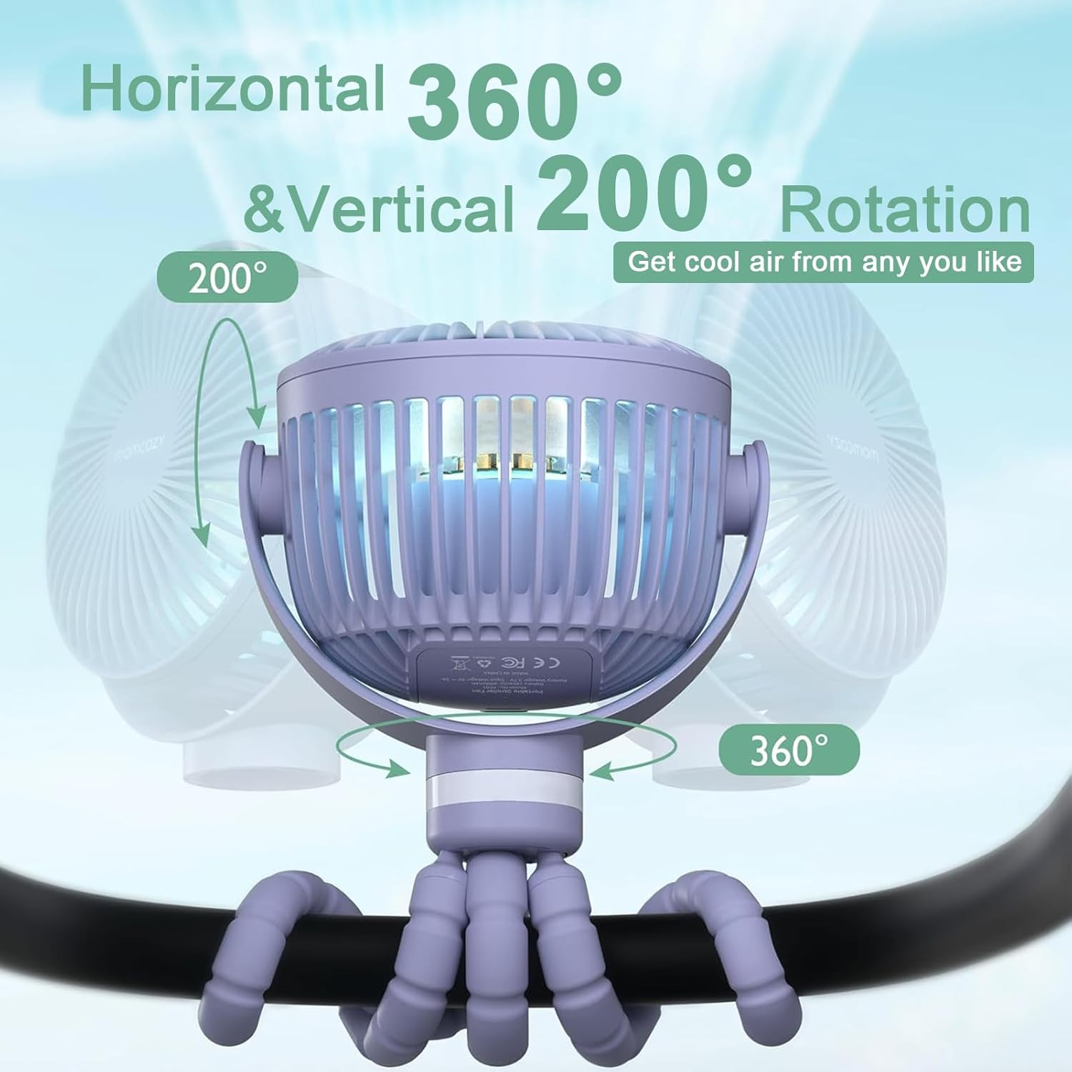 8000Mah Portable Stroller Fan, 27H Ultra-Long Battery Life Detachable 4 Speed 360&deg;Rotate LED Night Light with 2 Modes, USB Rechargeable Handheld Cooling Fan for Travel/Car Seat/Bedroom,Purple