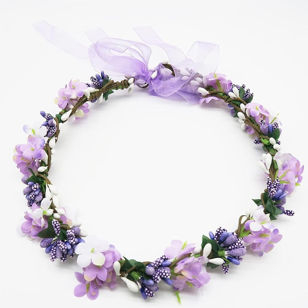 AKOAK 1 Pack Purple Flower Crown, Bohemian Wreath for Girls Floral Headwear, Adjustable Wedding Headband for Weddings, Baby Showers, Family Photos and Fancy Soiree image number 5