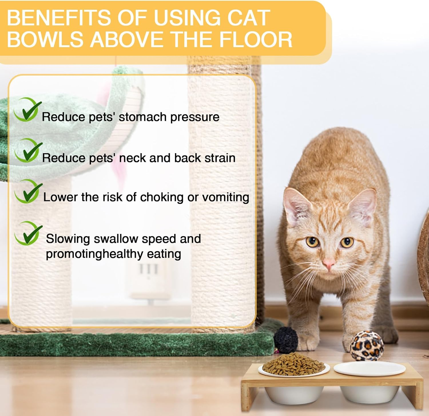 Raised Slow Feeder Dog Bowls, Dog Elevated Food Bowl with 2 Ceramic Bowls, 1.6" Height Cat Water and Food Bowl, Elevated Water Bowl for Dogs Cats (Bamboo) image number 1