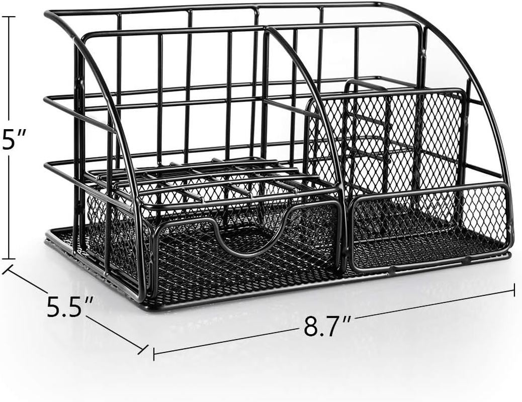 AUPSEN Desk Organizer, Mesh Office Supplies Desk Accessories, Features 5 Compartments + 1 Mini Sliding Drawer(Black) - Rose Gold image number 3