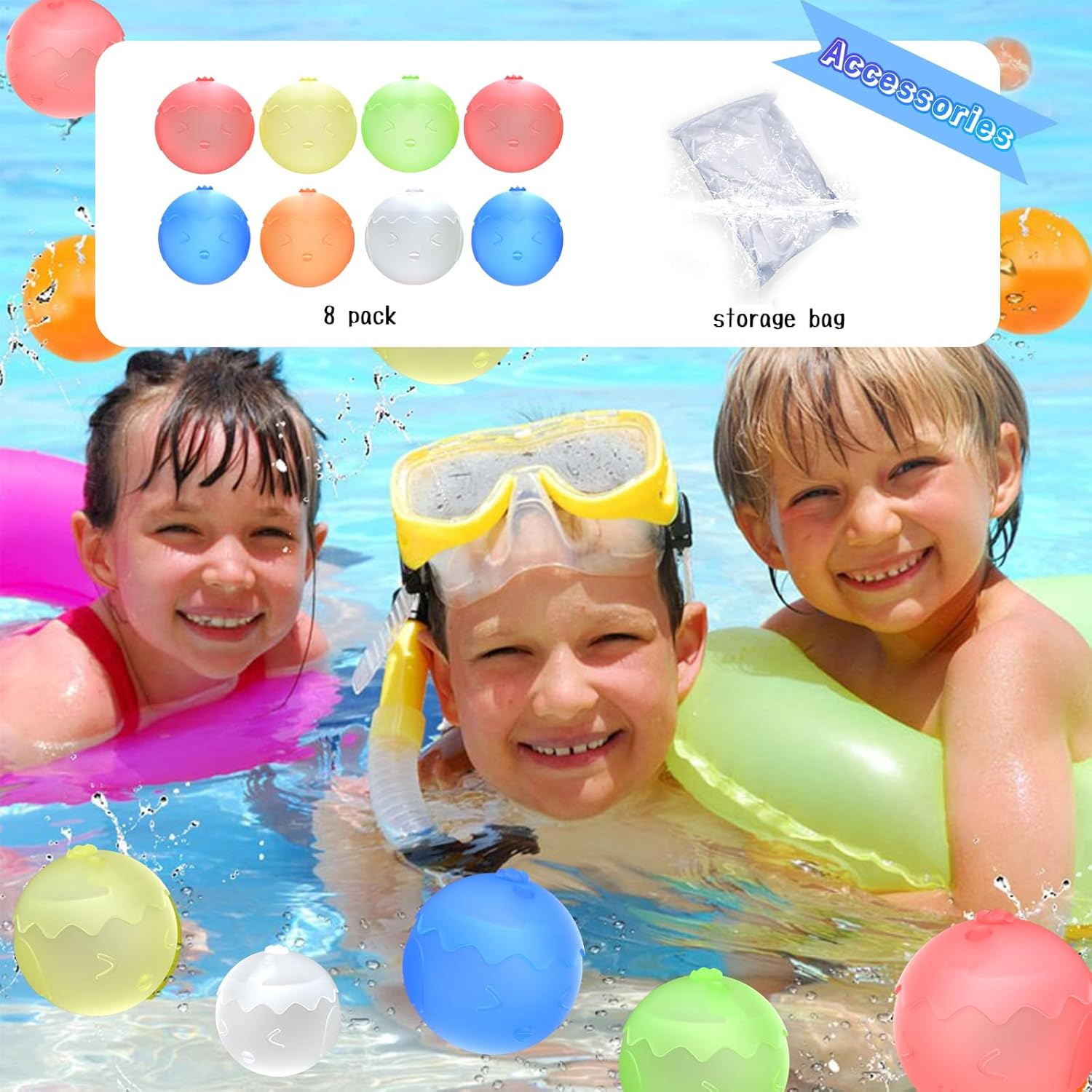 8Pcs Reusable Water Balloons, 6 Color Silicone Self Sealing Water Balls, Water Toys for Kids and Adults, Soft Water Bombs Fun Outdoor Beach Bath Water Toys Summer Swimming Pool Party Supplies image number 1