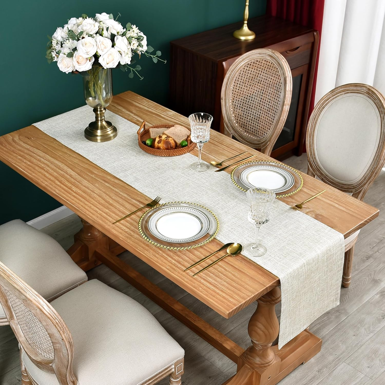 Reversible Double Layer Table Runner Faux Linen Fabric Beige Table Runners Elegant Rustic Farmhouse Runners for Kitchen Dining Coffee Table 13X48 Inch (33X122 Cm)