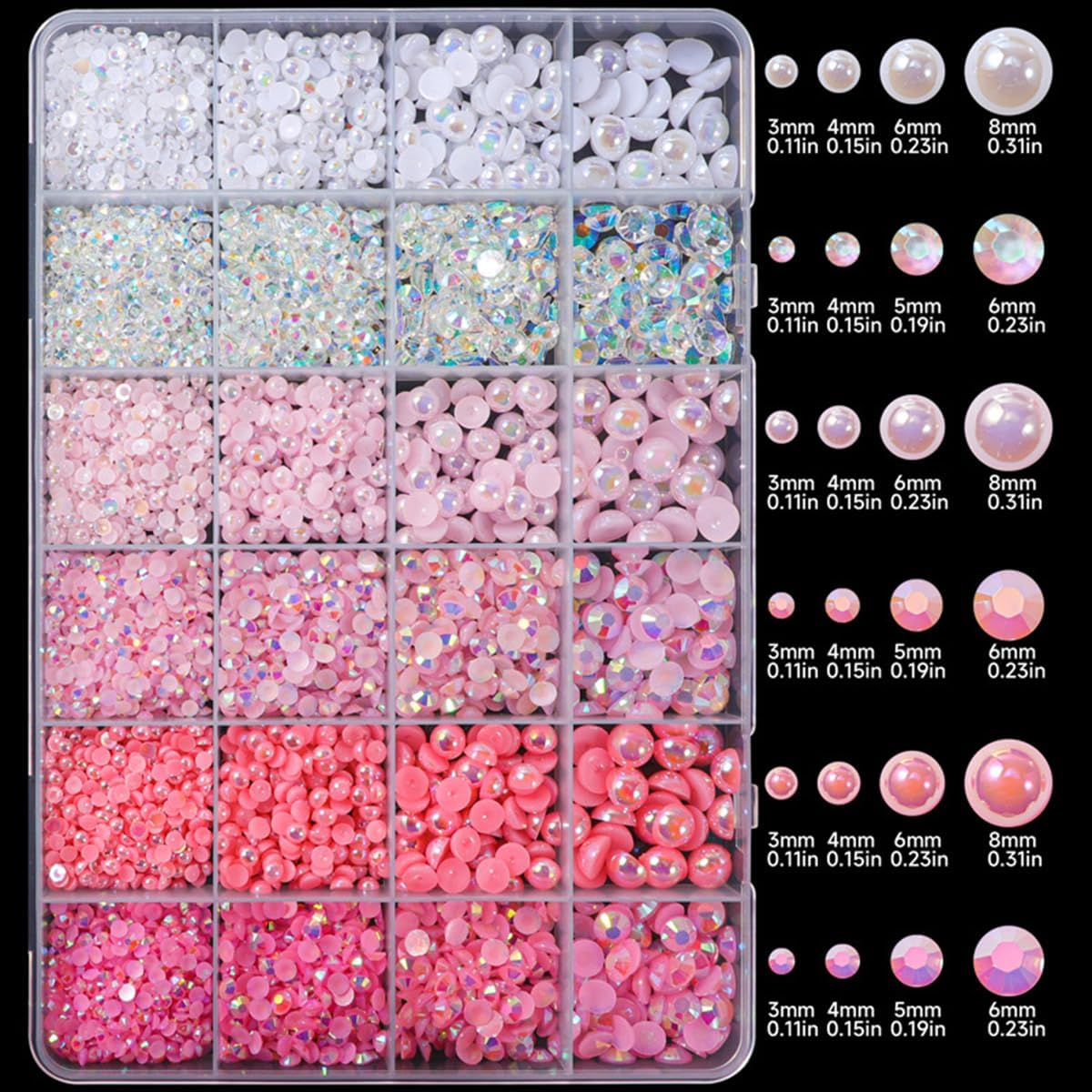 24 Grid Flatback Rhinestones and Beads for Nails, Betterjonny Rhinestones for Crafts 3-8 Mm Glitter Stones Half Beads with Tweezers and Dotting Pen for DIY Crafts Nail Design Clothing F