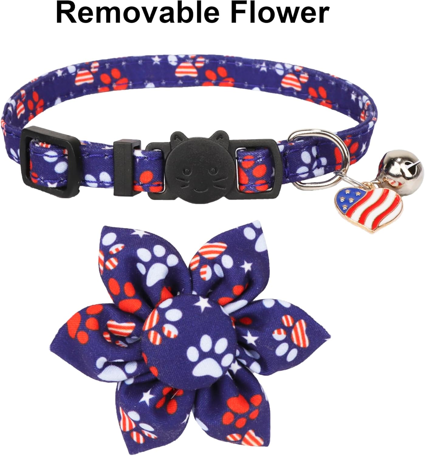 ADOGGYGO American Flag Cat Collars with Removable Flower Bell, Adjustable 4Th of July Cat Floral Collars Red Blue Cat Flag Collars for Cats Kittens (4Th of July) - 4Th Of July image number 3