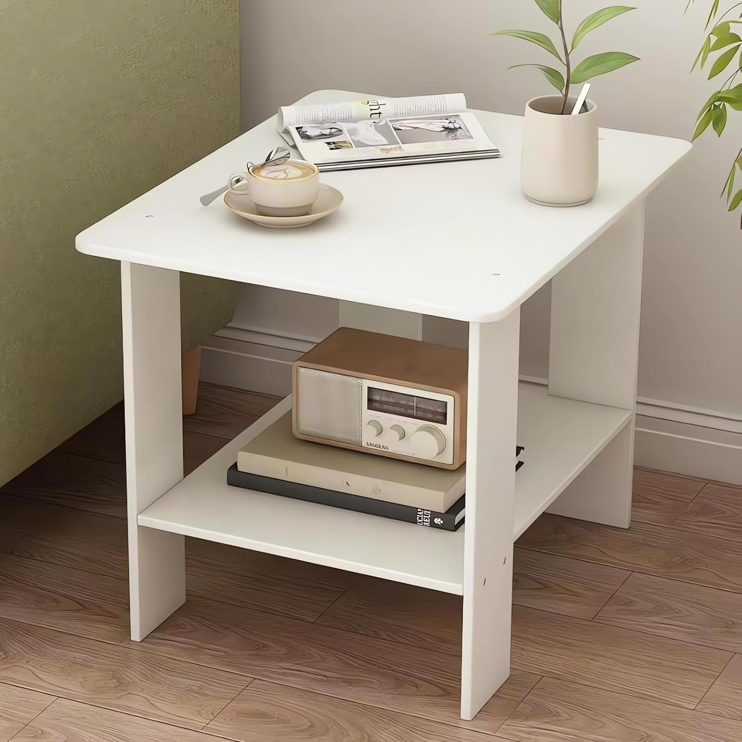 Wooden Side Table with Storage Shelf (White)