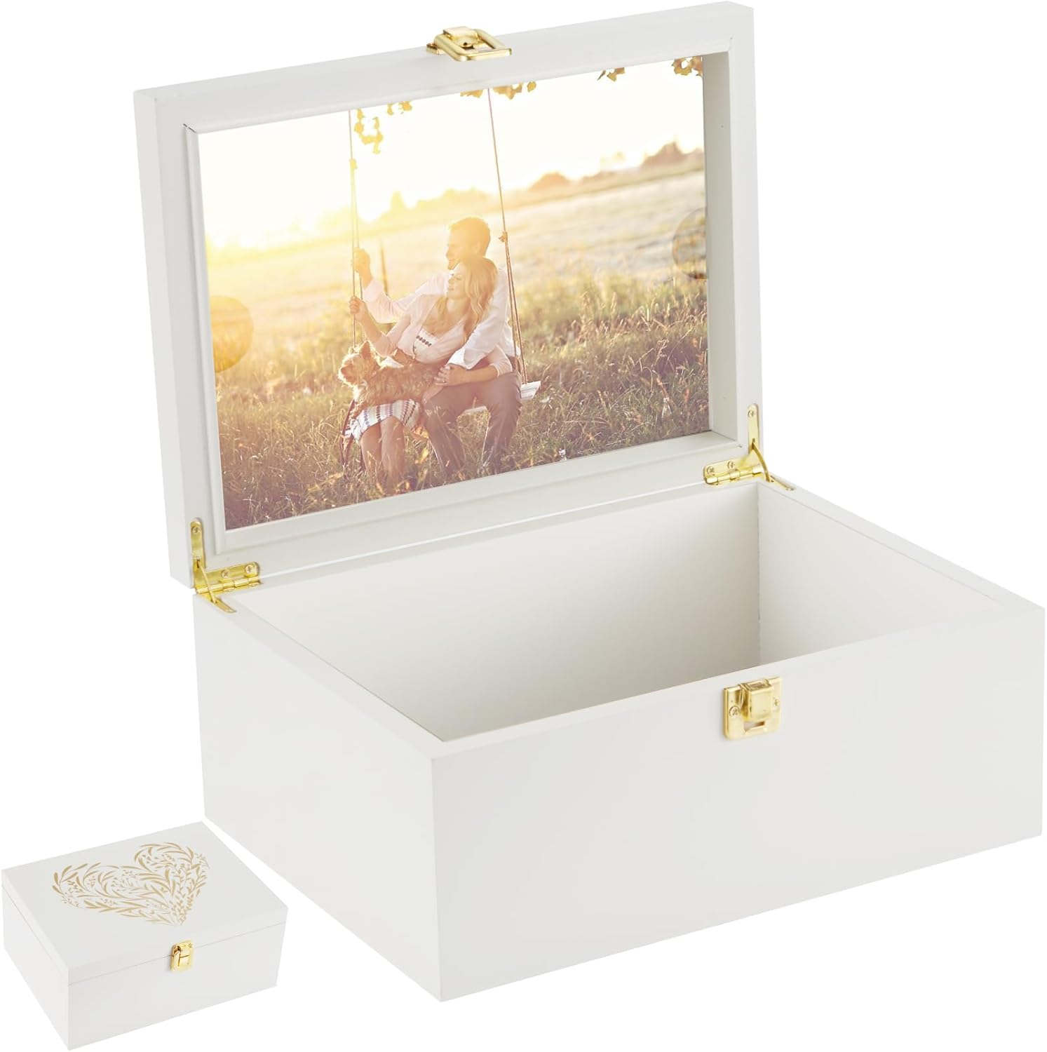Larger Wooden Memory Keepsake Boxes with Hinged Lids and a Photo Frame inside the Lid - Decorative Storage Box with a Hinge Lids for Picture Letter Time Capsule - 5.3&ldquo;*8.6&rdquo;*11.7&ldquo; Off-White