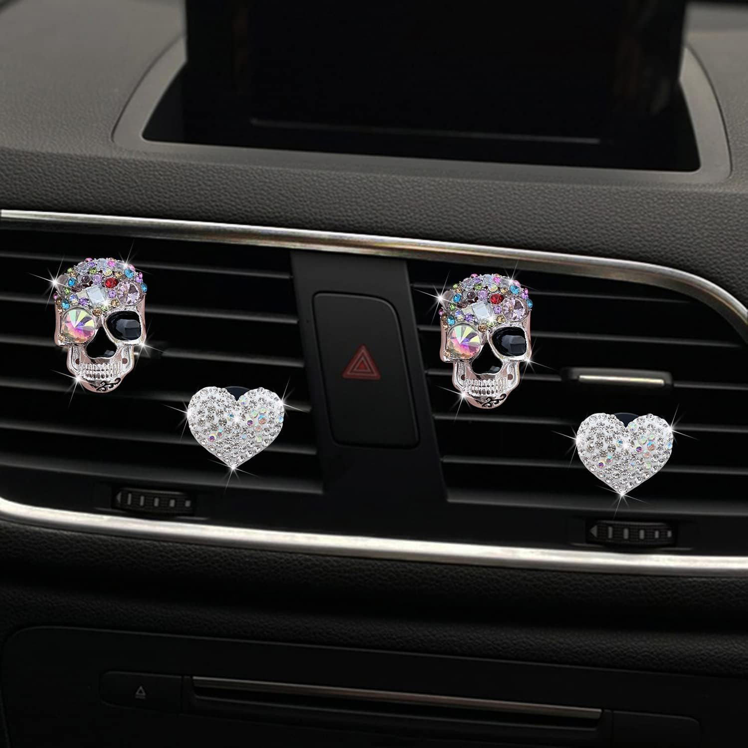 Bling Skull & Heart Air Vent Clips, 4 Pcs Crystal Skull Car Air Fresheners Vent Clips Car Diffuser Vent Clip Rhinestone Diamond Car Decoration Car Interior Decor Bling Car Accessories for Women