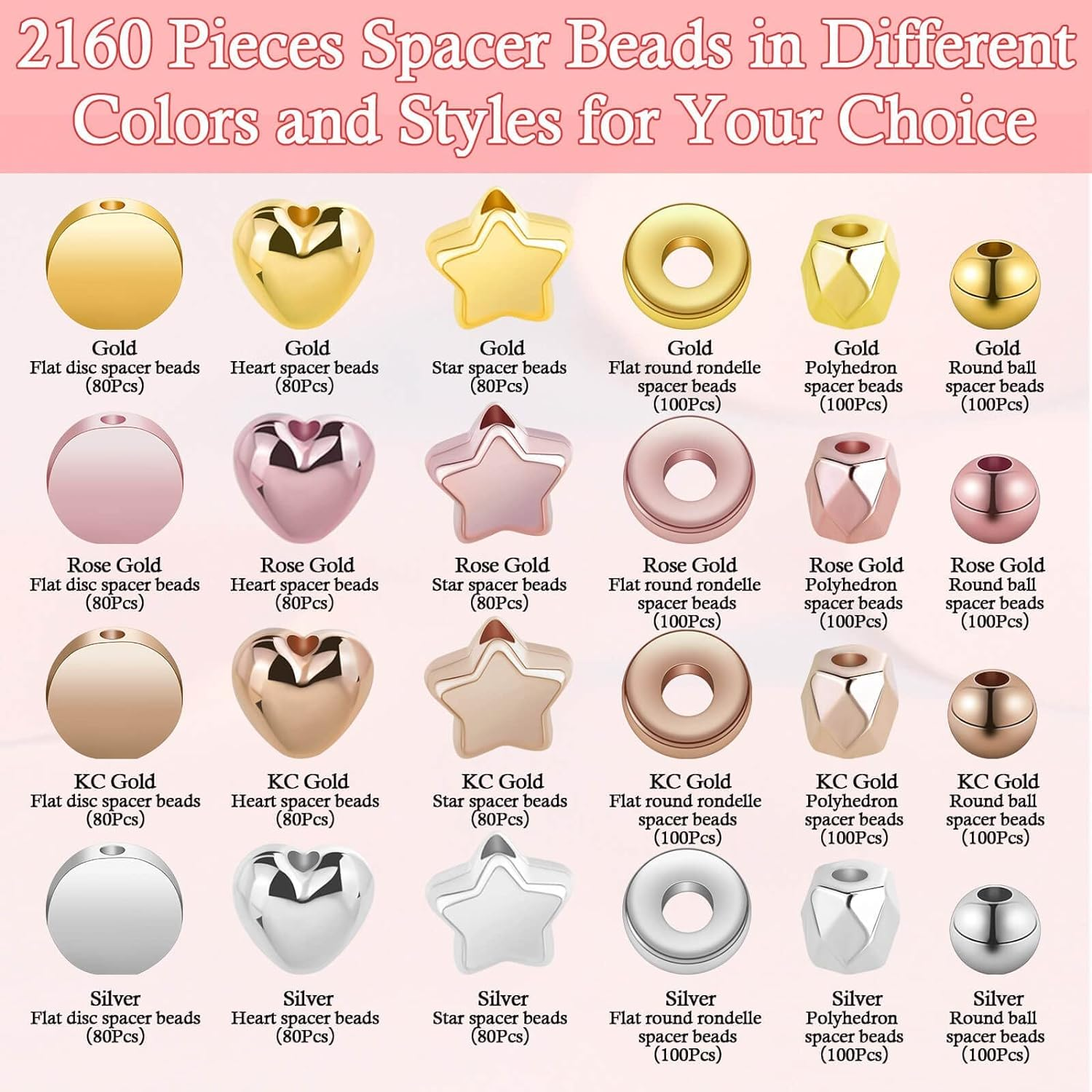 YBVABE Gold Spacer Beads for Jewelry Making, Assorted Bracelet Beads round Rhinestone Beads Star Beads Gold Beads for Bracelet Jewelry Making (Gold, Sliver, Rose Gold, KC Gold)-2140Pcs image number 1