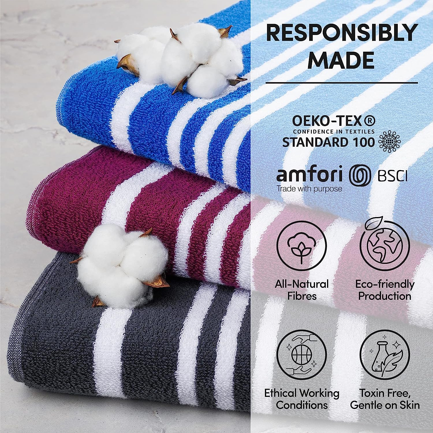 Trends Alley Amalfi Beach Towels (Pack of Two) | 100% Cotton Beach Towels (75X157 Cm) | Sand-Free & Quick to Dry | Cabana Striped Bath Towels Set for the Beach, Pool, Travel & Spa - Anthracite image number 5