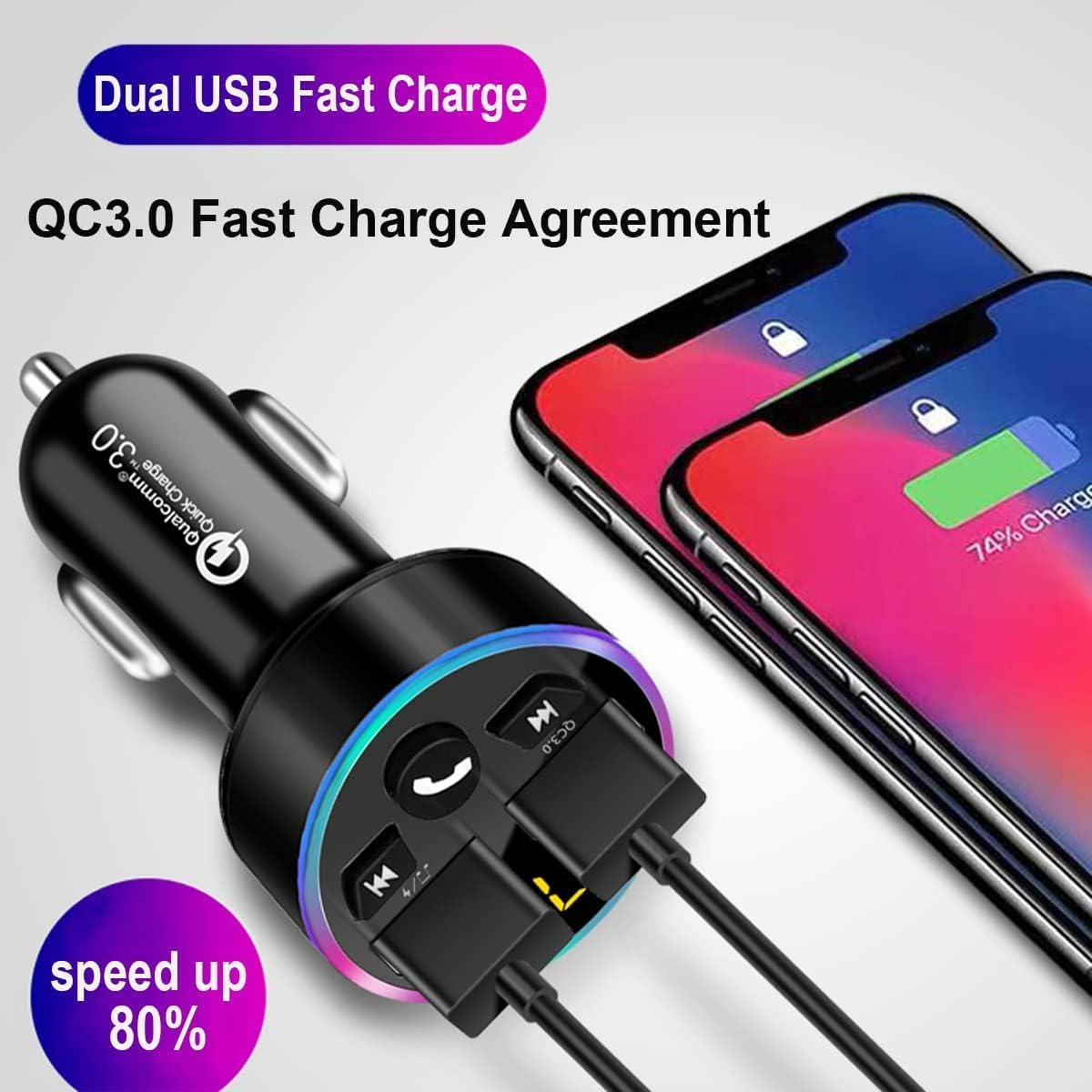 FM Transmitter, FM Transmitter Car, Bluetooth 5.0 Car Radio Audio Adapter MP3 Player with QC3.0 + 2.4 a Dual USB Charging Port, Support for Hands-Free Calling, U Disk, Voltage Detection, Ambient Light