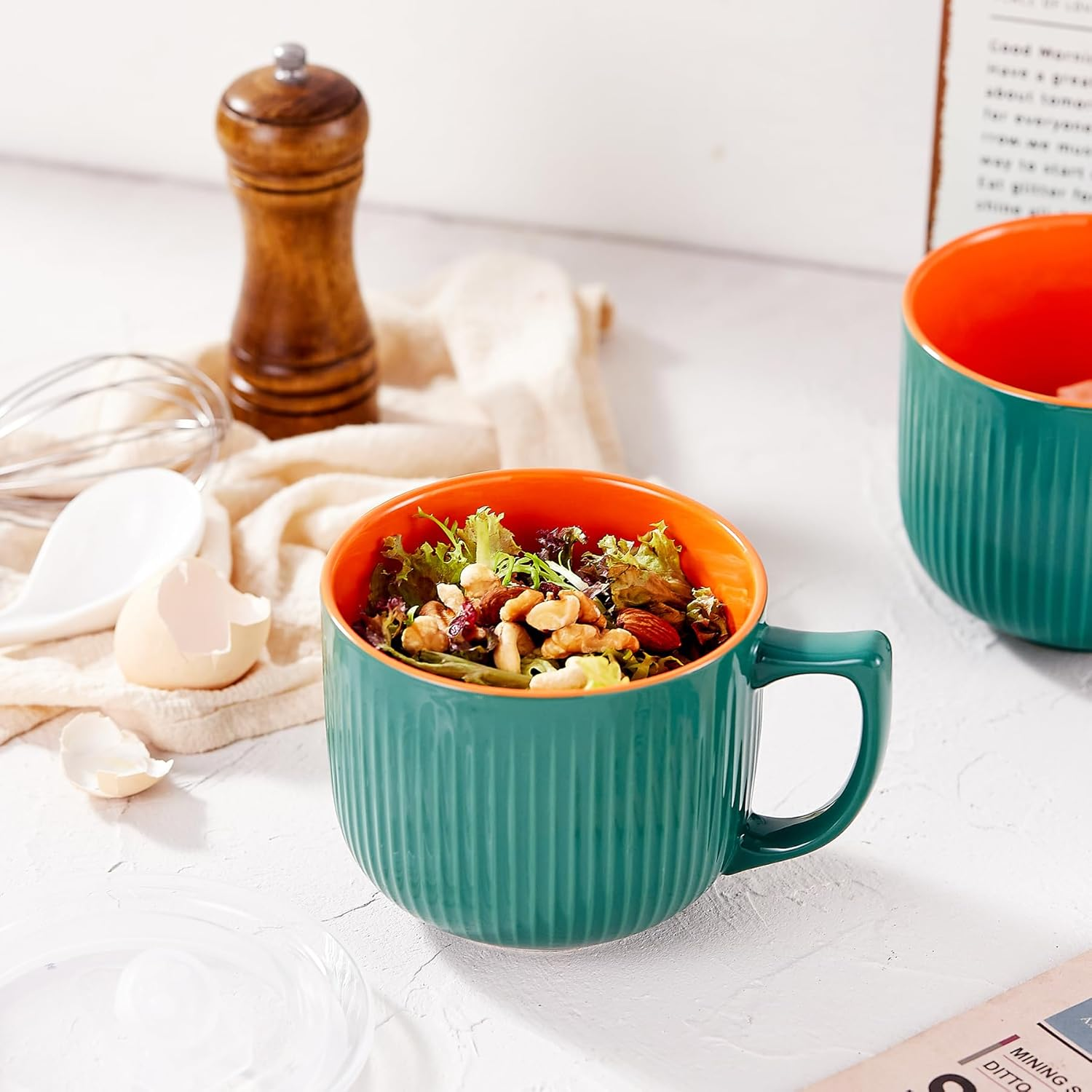 900Ml/32Oz Ceramic Soup Bowl with Handle & Lid - Microwave & Dishwasher Safe Large Ramen Bowl for Noodle, Cereal, Salad Soup Container with Lid - Green - Grey/Yellow image number 6