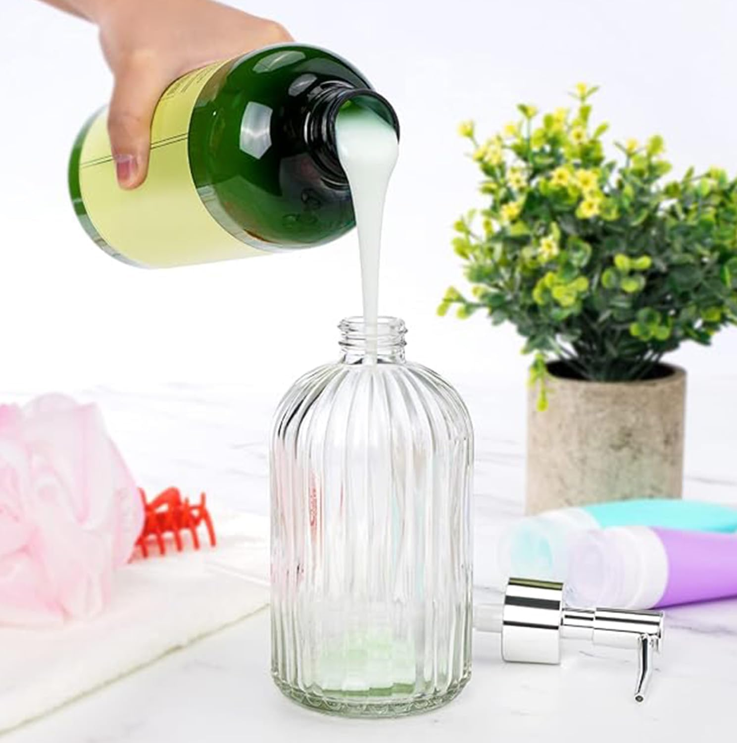 Clear Glass Soap Dispenser (2 Pack 400ML) Refillable Hand Soap Dispenser Vertical - Stripe Bathroom & Kitchen Dispensing Containers (Yellow) image number 3