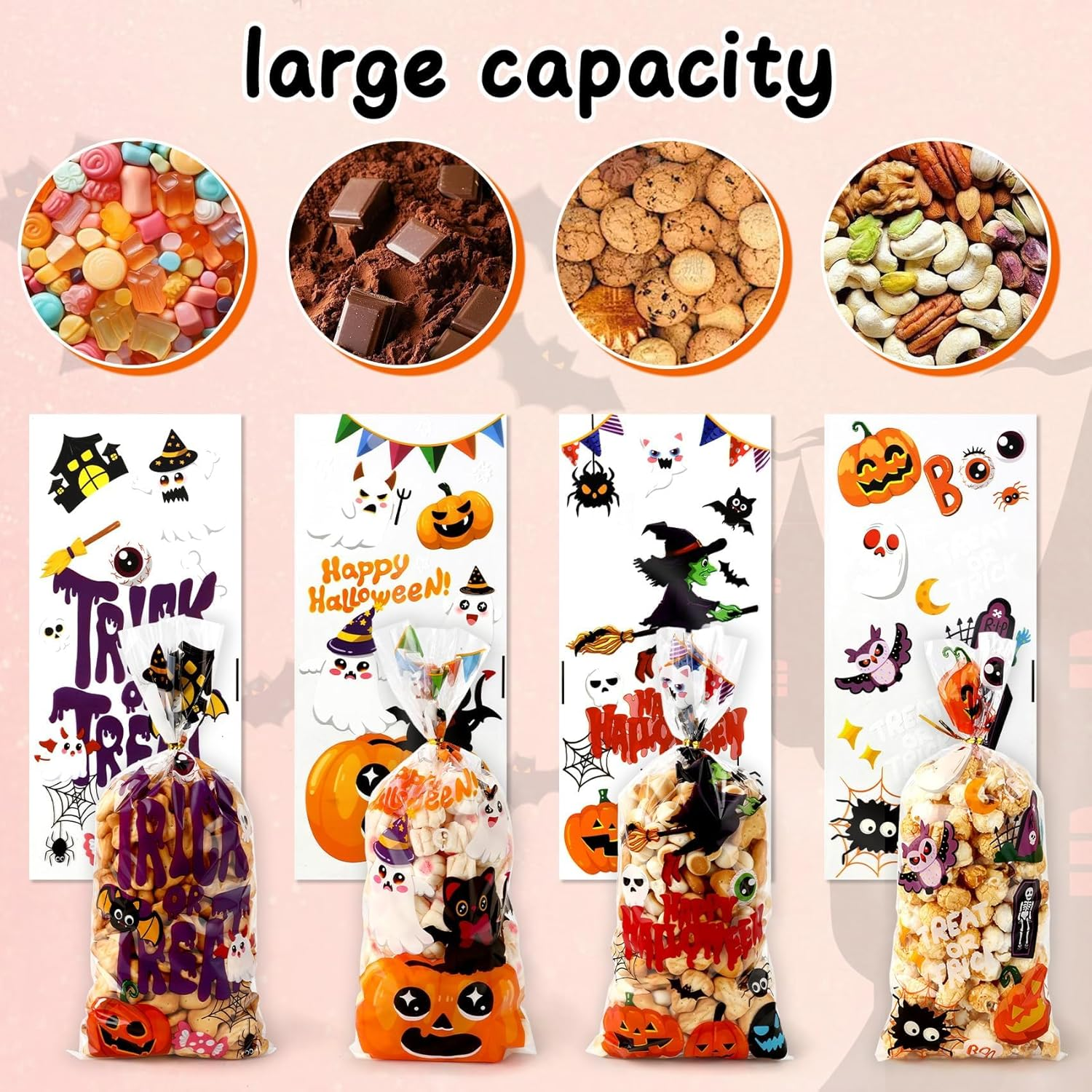 Halloween Candy Treat Bags,100Pcs Five Styles Clear Cellophane Goodies Bags with 100PCS Twist Ties,Transparent Party Gift Supplies for Trick or Treat Snacks Cookies Popcorn Candy,For Halloween Party - 5-In-1 image number 2