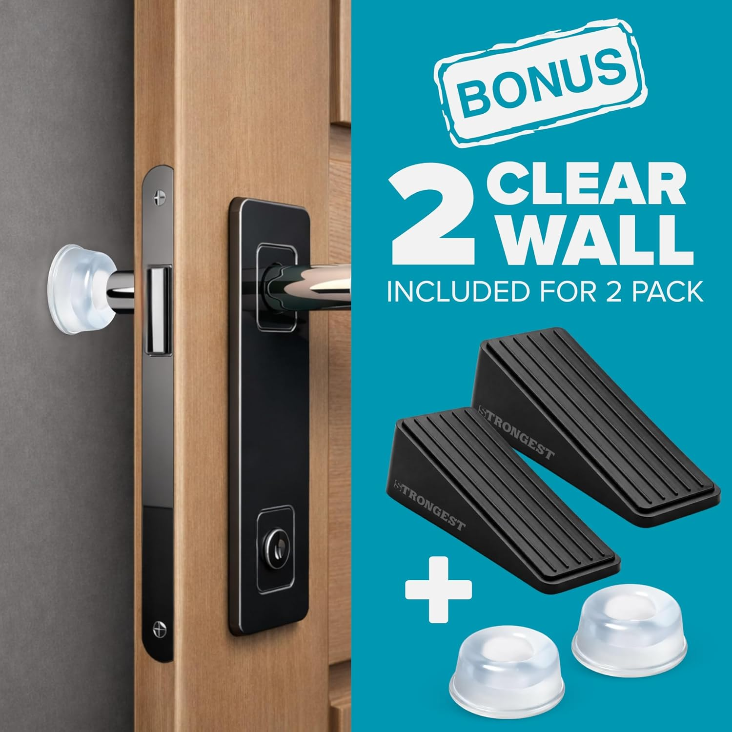 Strongest Door Stopper, Heavy Duty Door Stop Wedge Made of Premium Quality Zinc and Rubber Suits Any Door,Any Floor. Set of 2 plus Bonus Self Adhesive Wall Protectors (Black, 2 Pack) image number 3