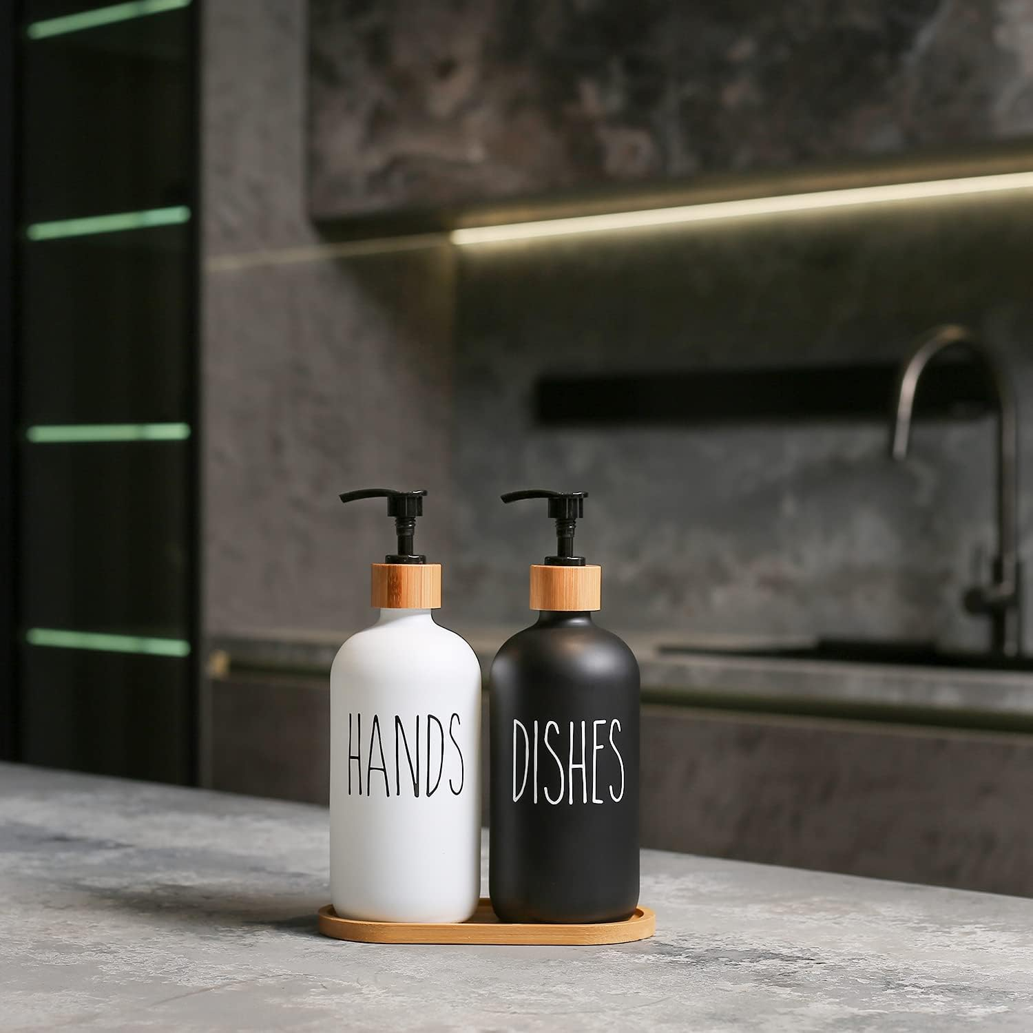 MOMEEMO Glass Soap Dispenser Set, Contains Hand Soap and Dish Soap Dispenser.Suitable for Kitchen Decor. (Black & White) image number 6