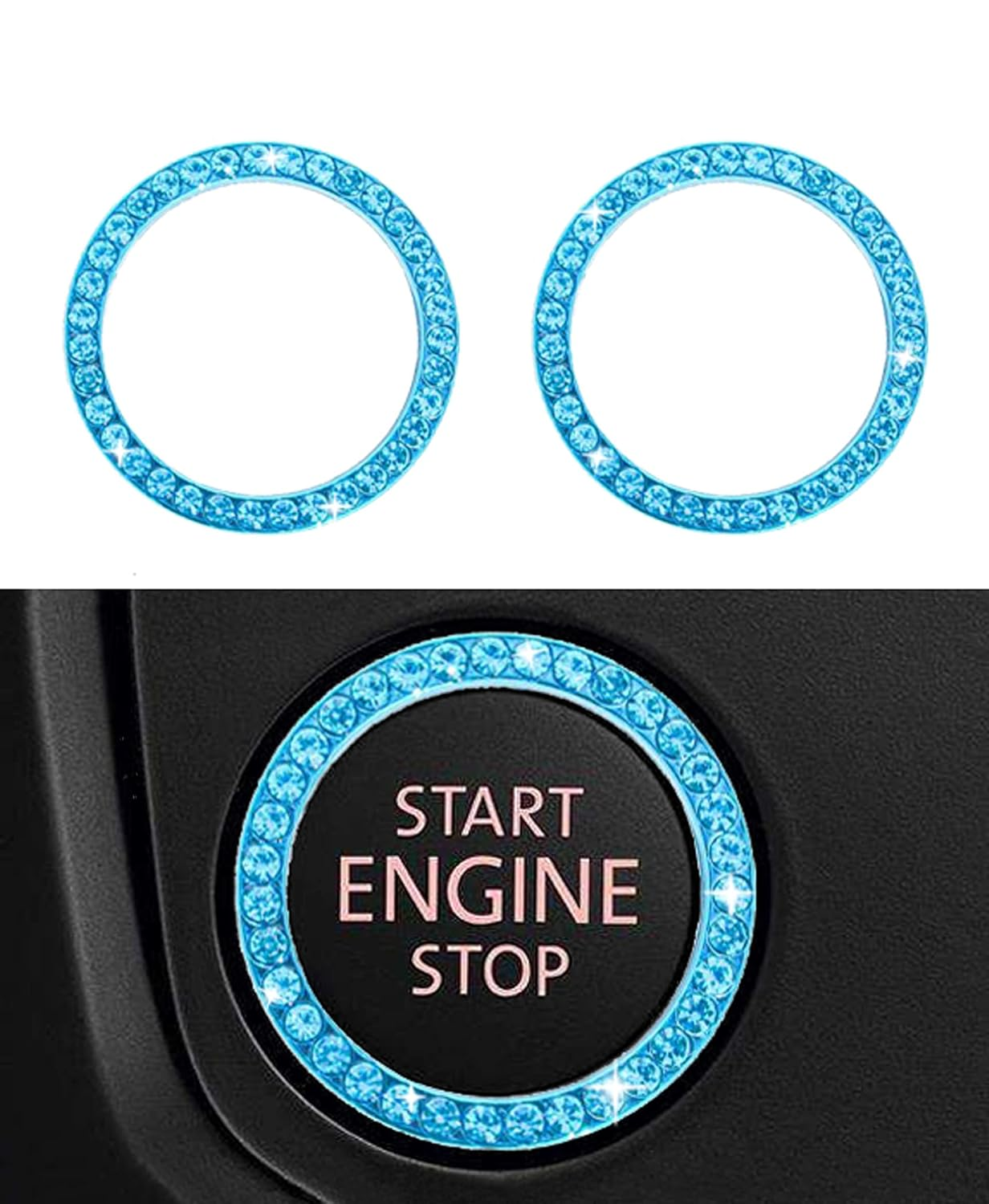 Engine Start Stop Button Bling Ring Cover,Key Ignition Starter & Knob Ring Crystal Rhinestone Cover, Push Start Button Cover Diamond Decor, Car Emblem Badge Sticker Women (Ring+Cover, Silver)