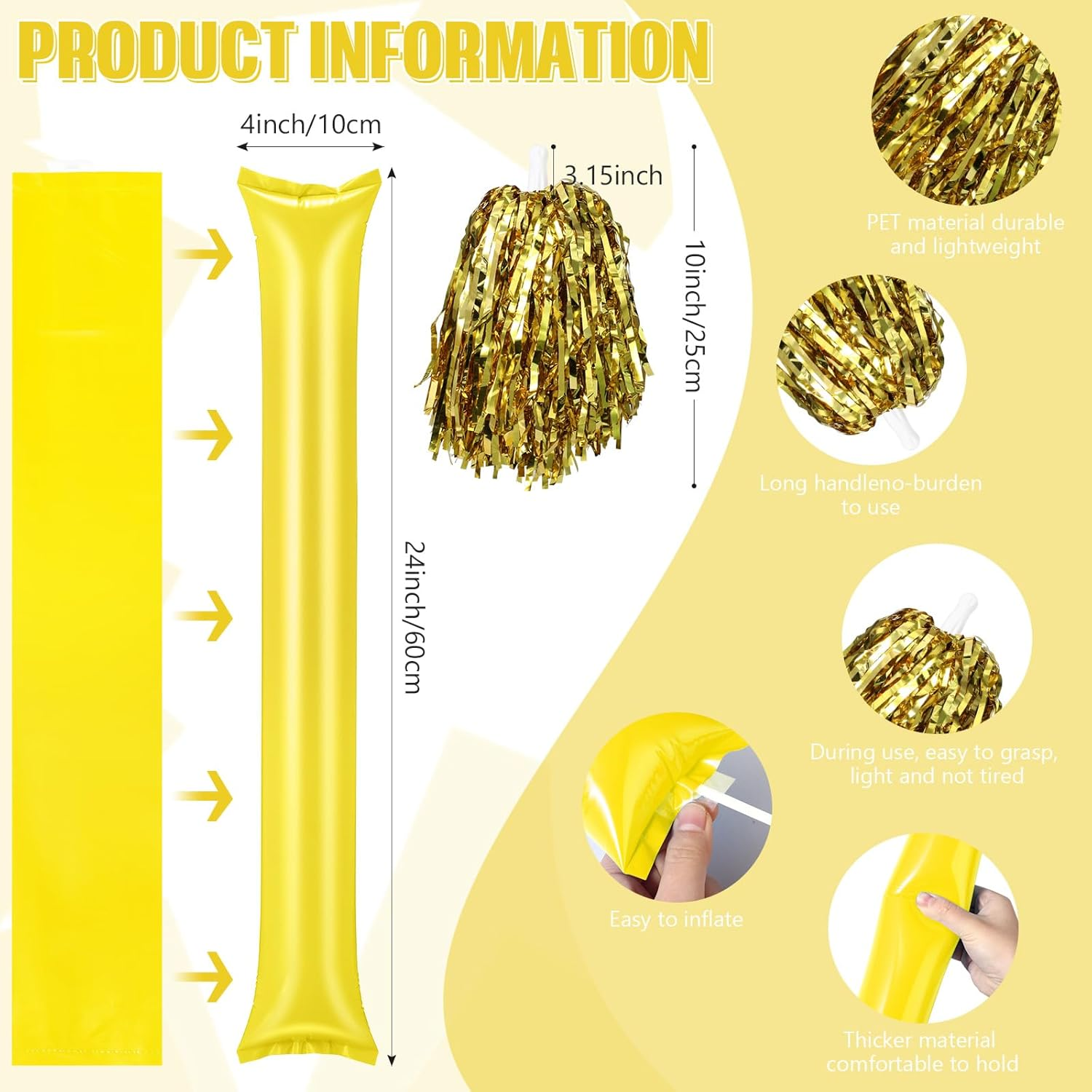 48 Pcs Cheerleading Pom Poms Thunder Sticks Hand Clappers Plastic Whistles with Lanyards Squawker Horns image number 4