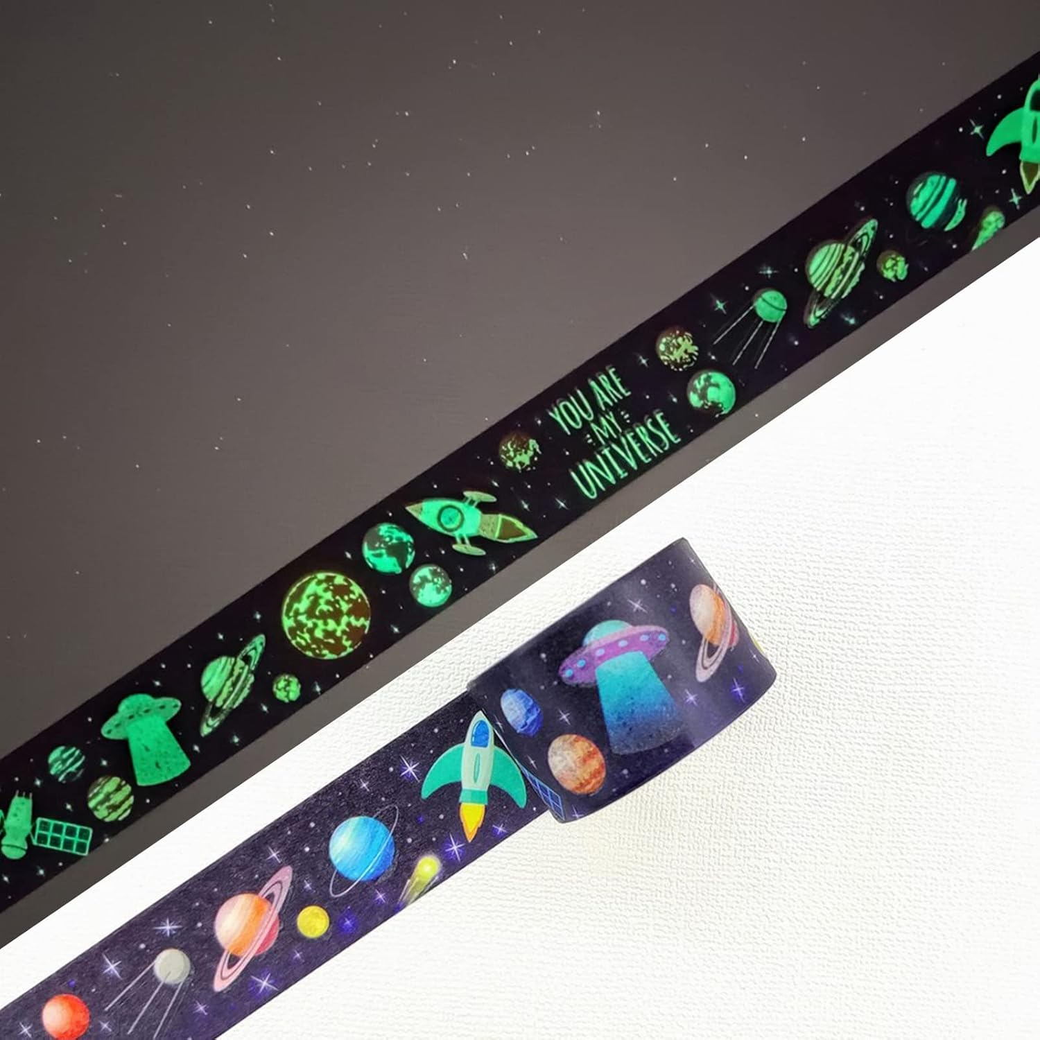 YUBBAEX Luminous Masking Tape, 6 Pcs Galaxy Fluorescent Tape Space Cute Design DIY Craft Journal Planner Scrapbooking Wrapping Present Decoration (Night Light Starry Sky) image number 2