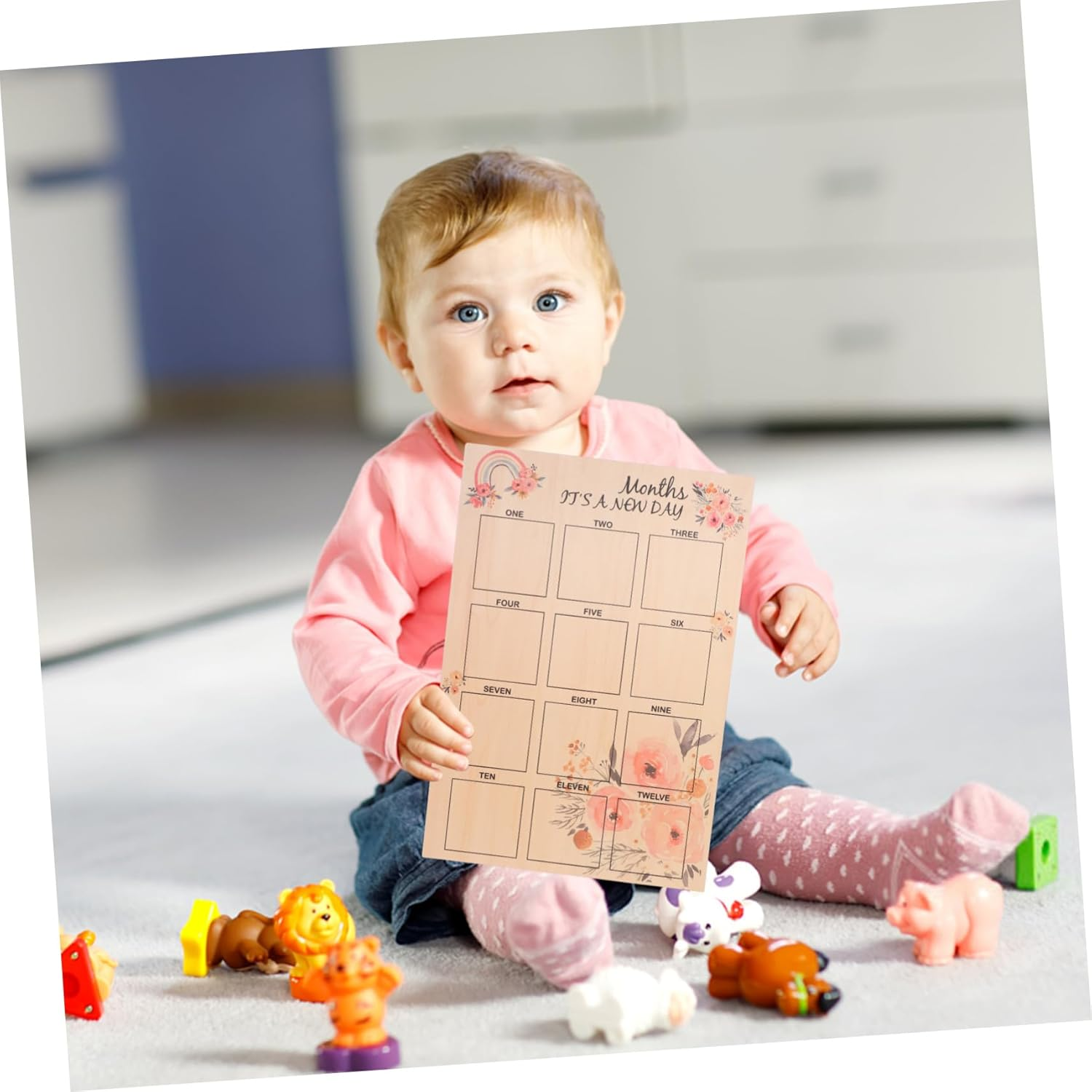 Newborn Milestone Photo Frame Months Growth Record Board Wooden Desktop Display for Keepsake Memories for Shower and Parents