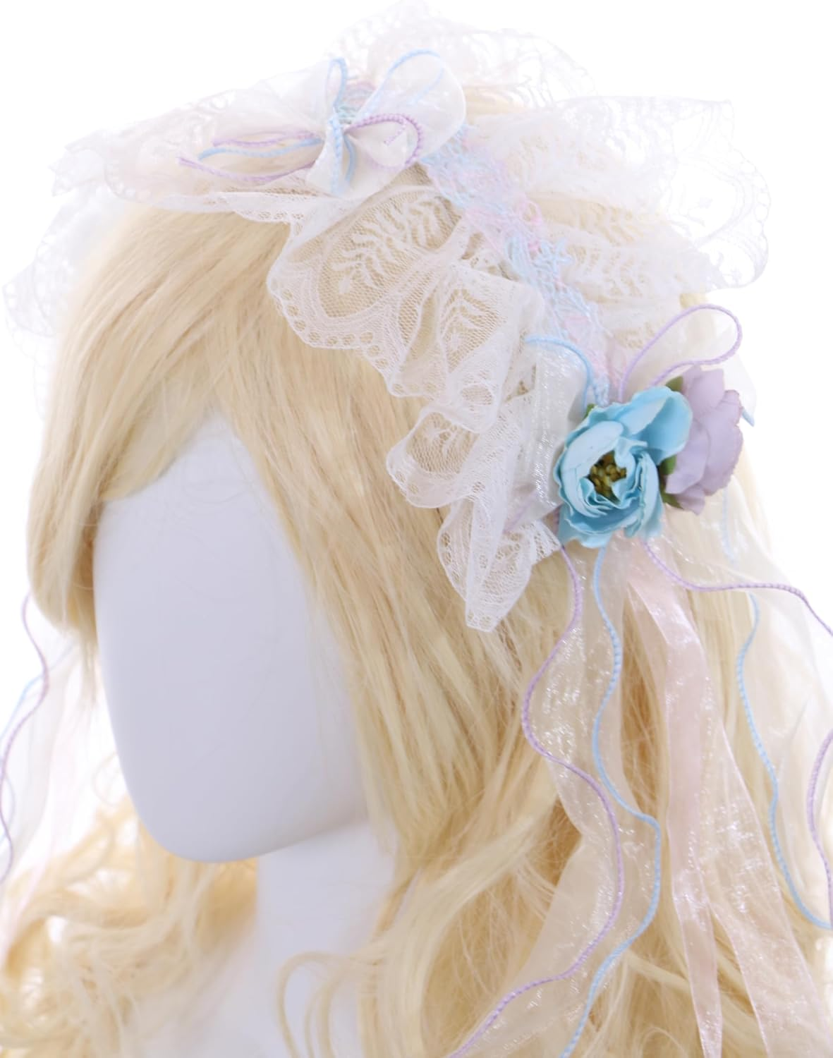 C-106 White Headband with Blue Purple Flowers Bow Lace Ruffle Gothic Lolita Maid Party Celebration Hair Accessories Head Accessory image number 3