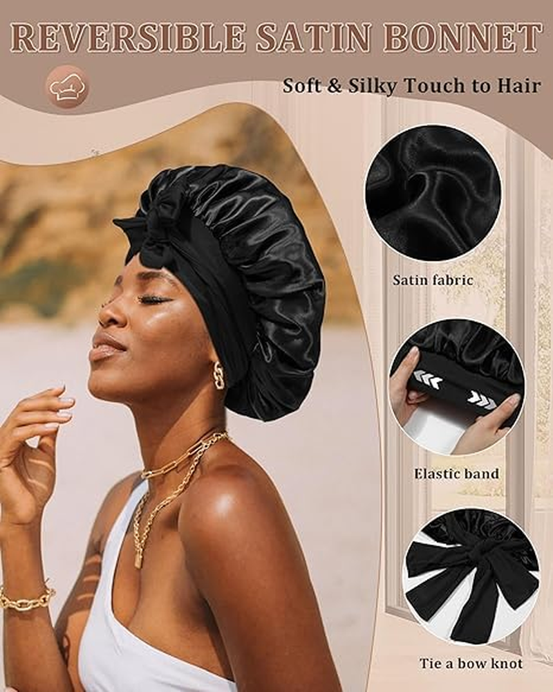 ZUJIACUN Large Satin Shower Cap, Double Adjustable Tie Strap to Protect Curly, Natural, Braided Hair - Perfect for Evening, Gym, Yoga (Black + Red) image number 2