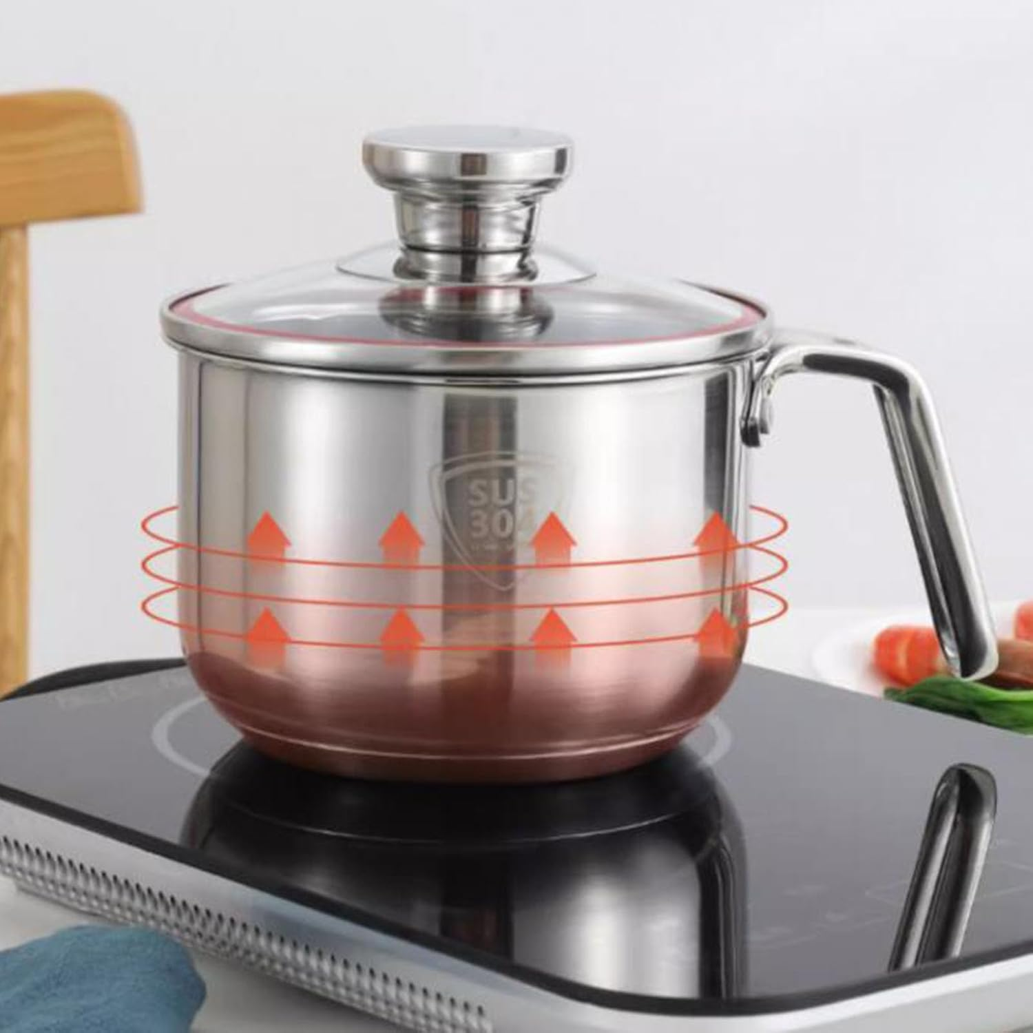 Omabeta Pack of 1 Stainless Steel Sauce Pan with Glass Lid and Handle, 16Cm Stainless Steel Cooking Pot for 1-2 Person, Thickened Base for Even Heating, Ideal for Home Kitchen and Camping Use