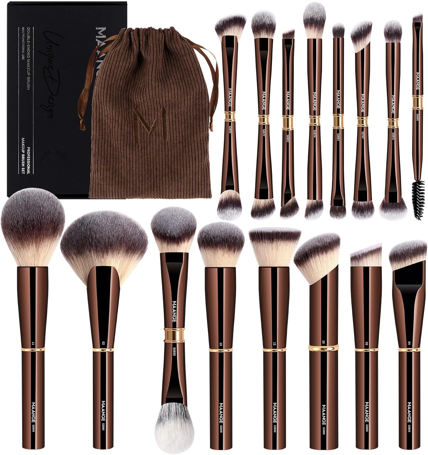 MAANGE 16 Pcs Professional Makeup Brushes, Double Sided Foundation Powder Contour Blush Set Complete Set with Pouch and Gift Box (Coffee Brown)