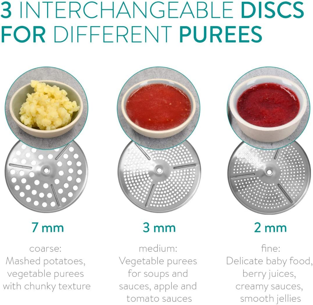 Navaris Food Mill - 8.1" Stainless Steel Rotary Food Mill with Hand Crank and 3 Grinding Discs - Grind & Puree Tomato Sauce, Mashed Potatoes - or for Canning Applesauce image number 6