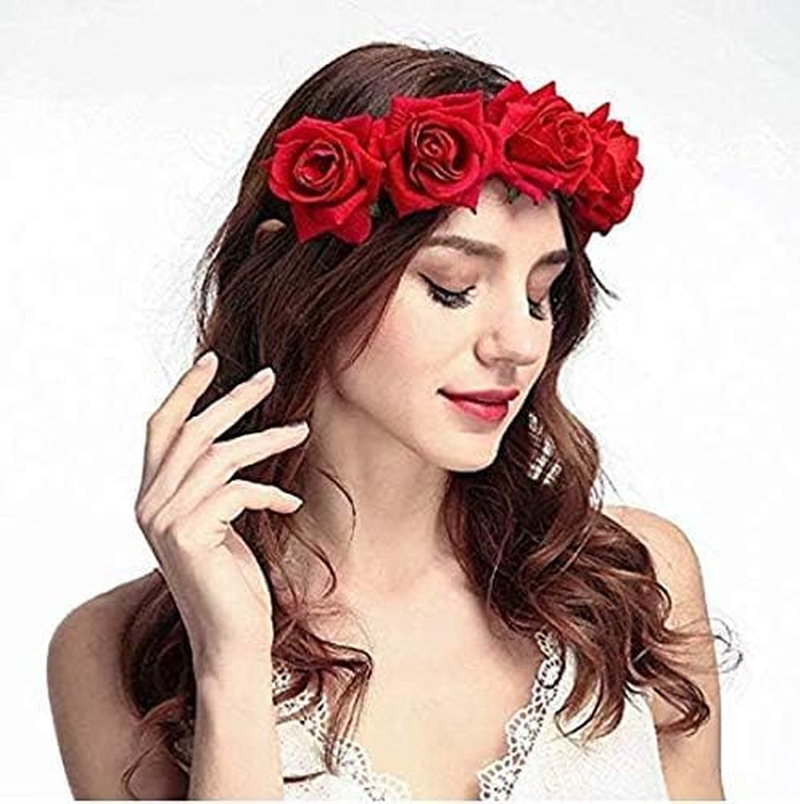 Rose Flower Crown, Floral Headband for Women and Girls - Red Artificial Rose Hair Wreath with Headband for Festival Wedding Party Decoration Photography image number 3