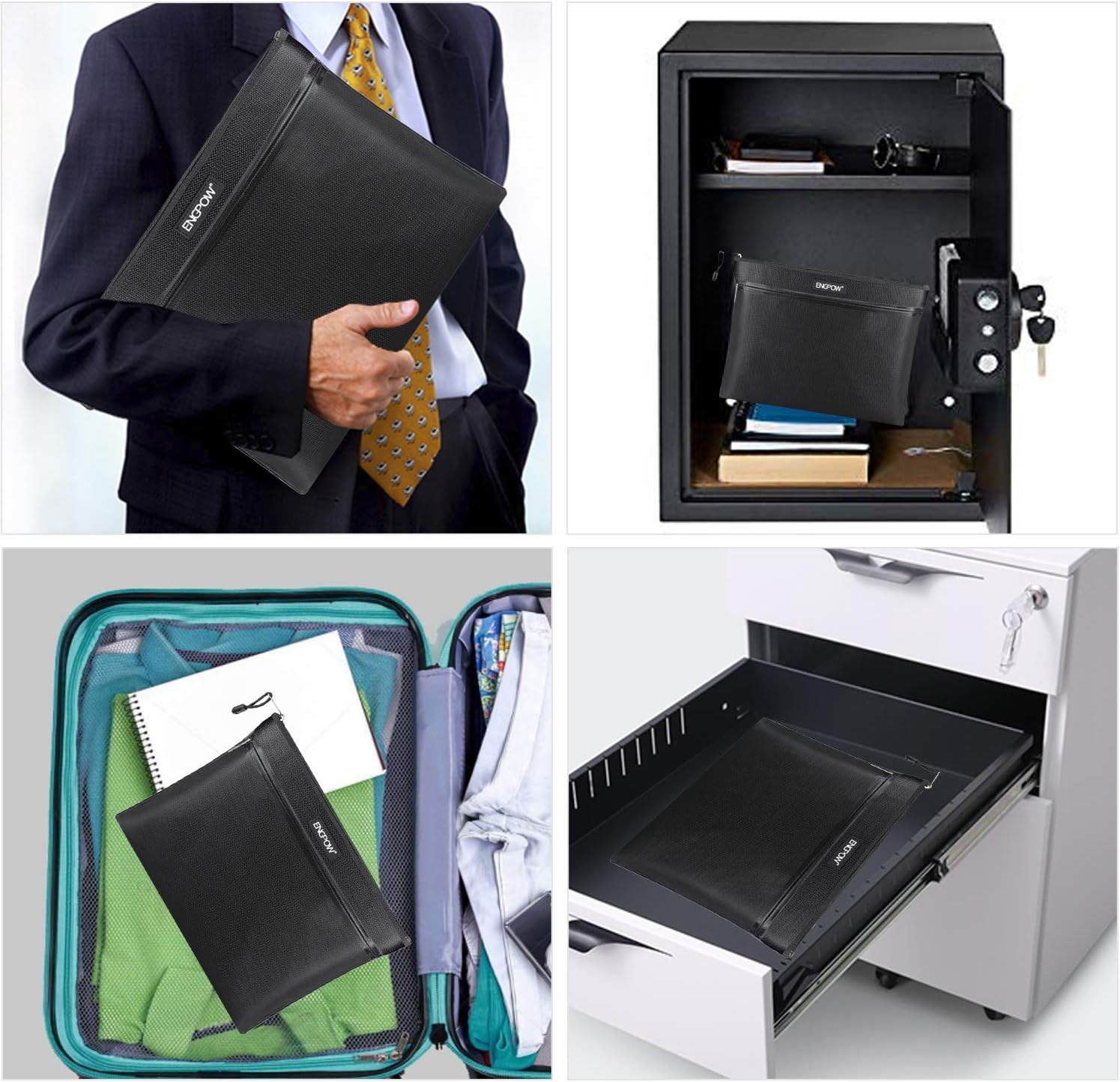 Fireproof Document Bag Two Pockets Two Zippers,Engpow Fireproof Safe Bag 13.4"X 10.2" Waterproof and Fireproof Money Bag Fire Safe Pouch File Storage for A4 Document Holder,Cash and Tablet image number 3
