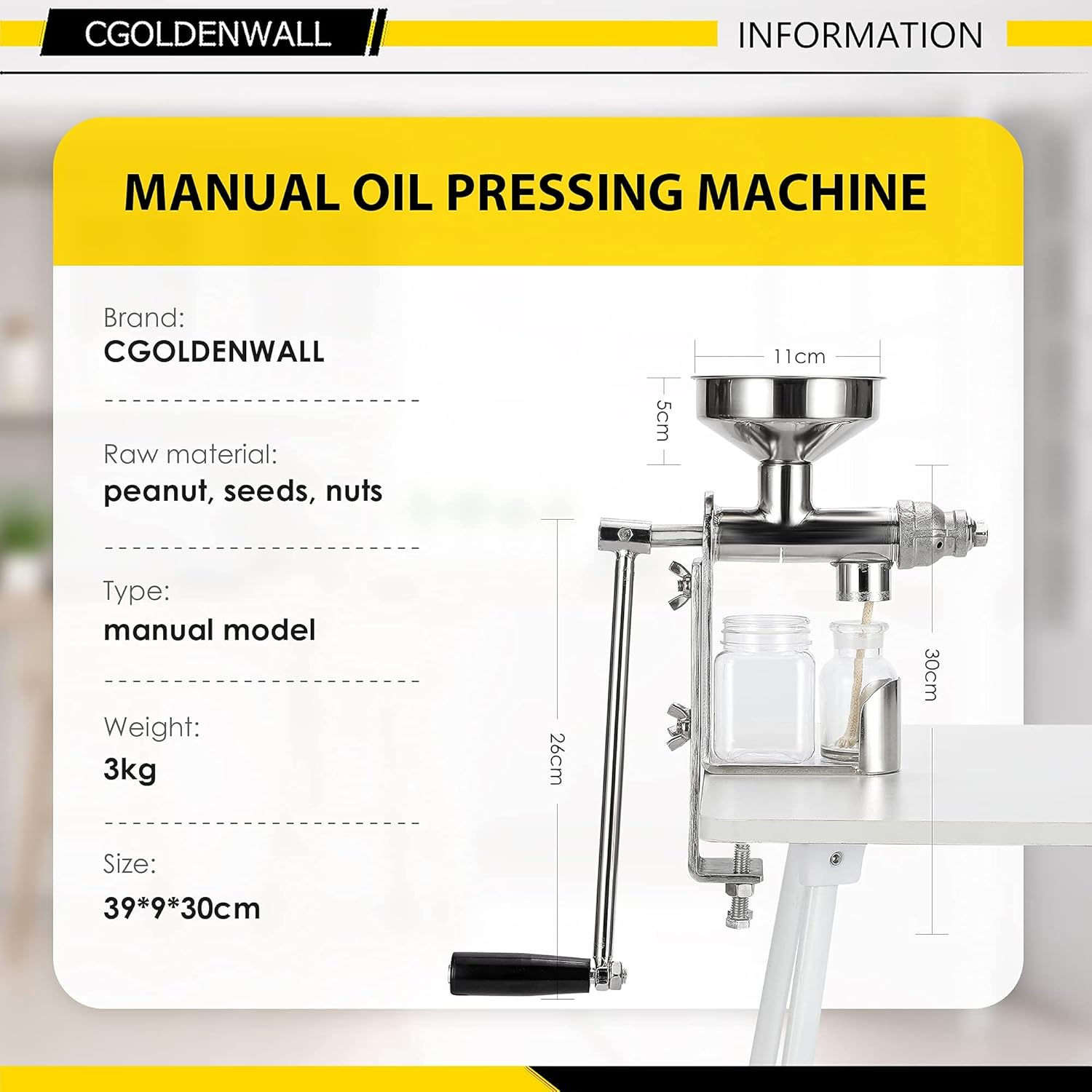 CGOLDENWALL Manual Cold Oil Press Machine Household Oil Extractor Peanut Nuts and Seed Oil Expeller for Physical Press and Continuous Expelling