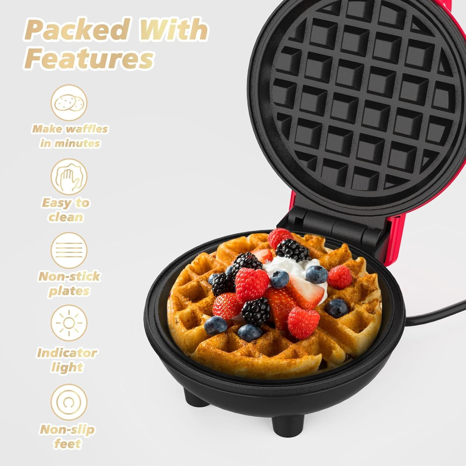Mini Waffle Maker, Iron Deep Fill Non-Stick Coating Cooking Plates, 4 Inch Single Belgian & American Waffle Machine, Perfect for Breakfast Dinner Party Dessert image number 1