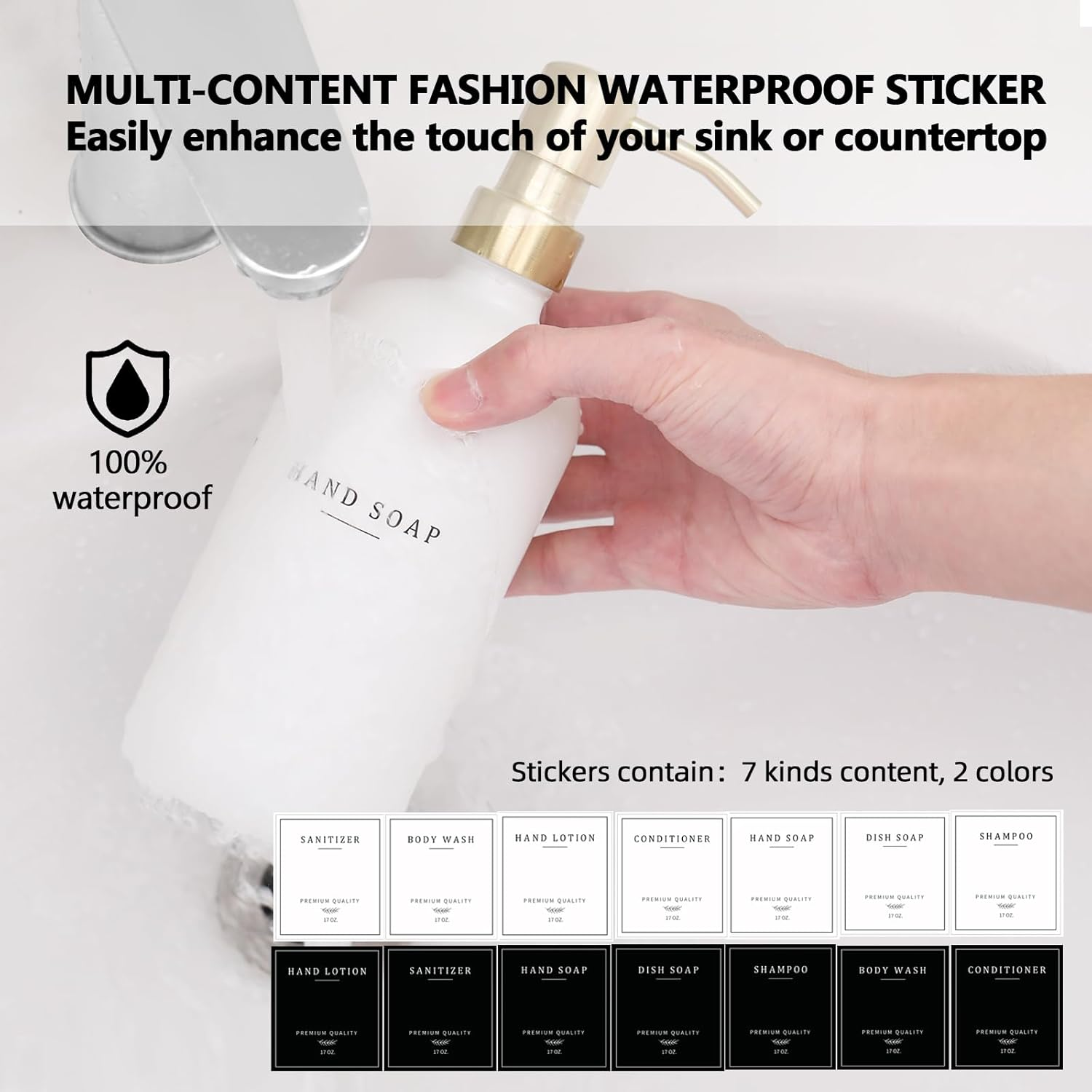 Thick Glass Soap Dispenser - Kitchen Dish Hand Soap Dispenser Set,Rustproof Pump Soap Lotion Dispenser Bathroom with Tray,14 Stickers for Kitchen Decor White Bottle/Gold Pump - Amber Bottle/Black Pump + Tray + Funnel image number 3