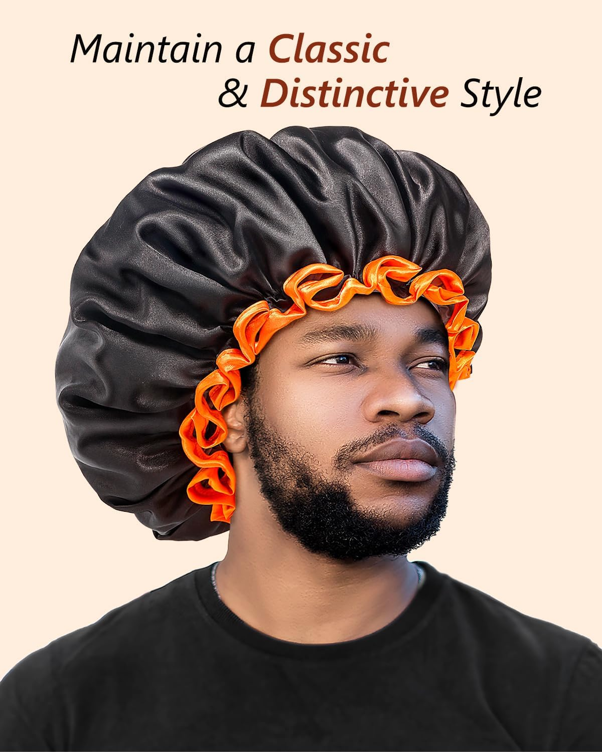 Mikimini Large Shower Cap for Women Long Hair, Black, Reusable Waterproof Double Layers XL Washable Colorfast Odorless High-Quality Shower Cap for Men with Vibrant Orange Edge image number 4
