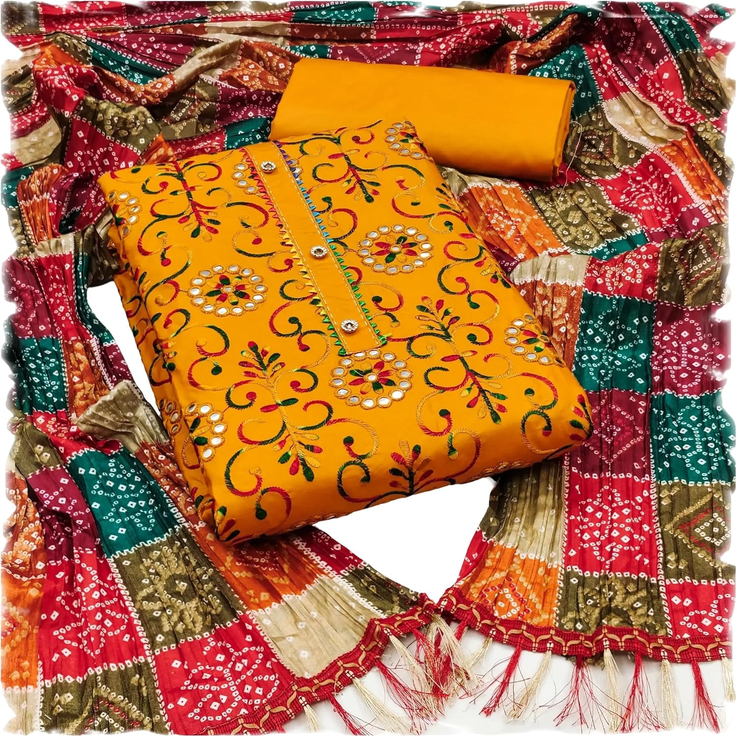 Sidhidata Women'S Poly Cotton Embroidery Work Unstitched Salwar Suit Dress Material with Bandhej/Bandhani Print Dupatta (Free Size)