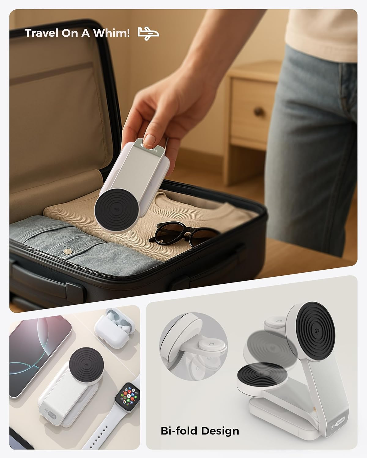 3 in 1 Foldable Mag-Safe Wireless Charger with Adapter &ndash; Magnetic Travel Charging Station for Iphone and Watch, Airpods &ndash; Fast Portable Charging Stand (Qi2 Beige & 30W Gan Adapter)