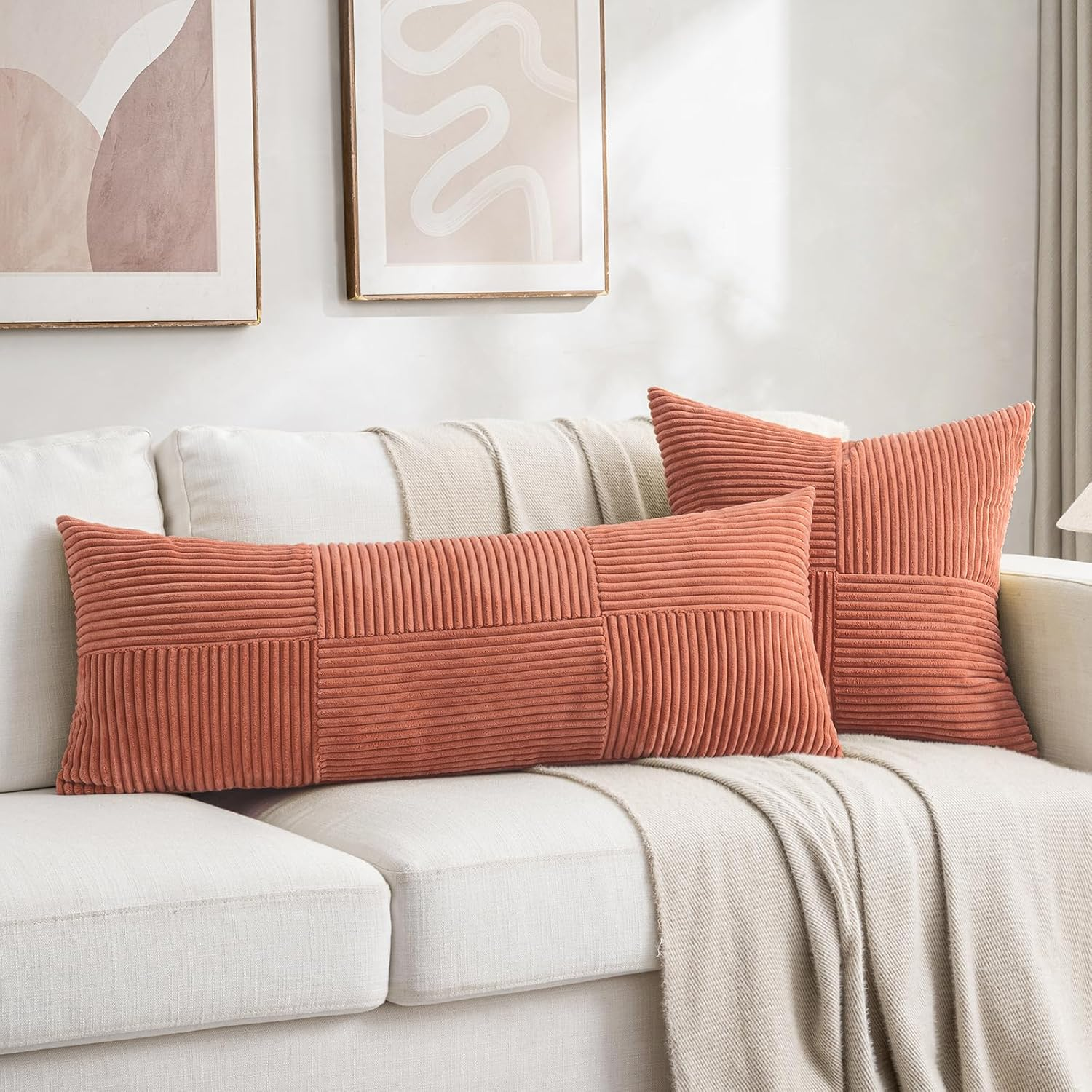 Fancy Homi 2 Packs Coral Decorative Throw Pillow Covers 18X18 Inch for Living Room Couch Bed, Rustic Farmhouse Boho Home Decor, Soft Corss Corduroy Patchwork Textured Peach Cushion Case 45X45 Cm image number 6