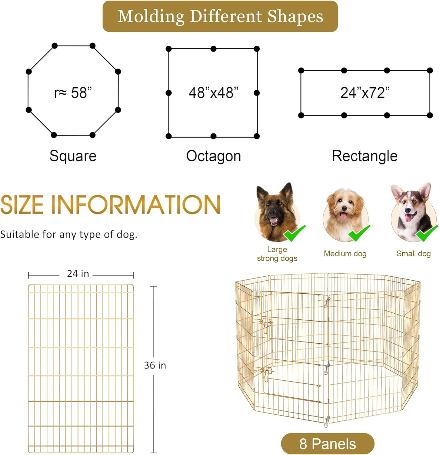 Artmeer Pet Playpen Puppy Kennels Dog Fence Exercise Pen Gate Foldable Dog Crate 8 Panels 36 Inch Options Ideal for Animals Outdoor Indoor (Gold 24''X36'') image number 5