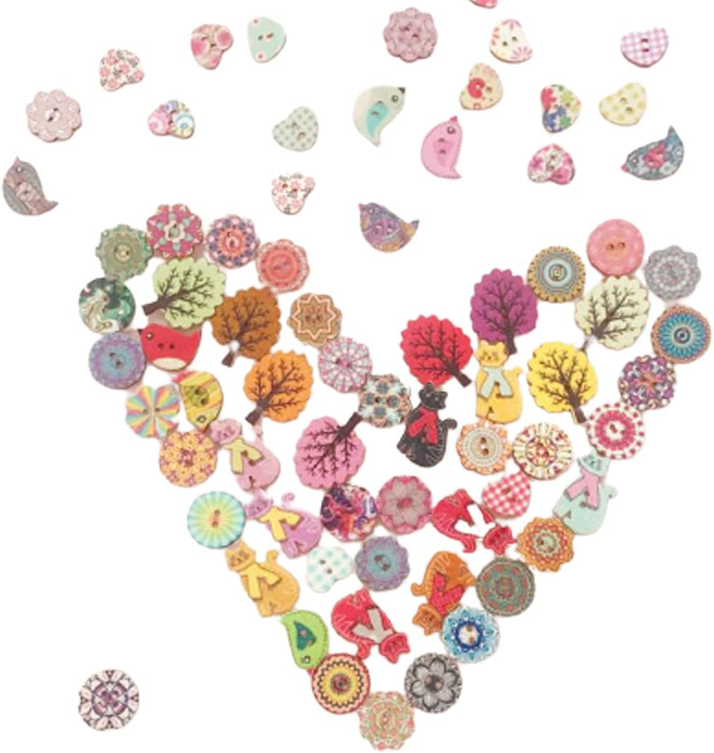 Wepetyo 200 Pcs Cute Cartoon Wooden Buttons,Wooden Leaf Buttons Assorted Design 2 Holes Mixed Animal/Flowers/Trees/Wood Button for Sewing Crafts DIY Decoration and Clothing - Beige image number 2