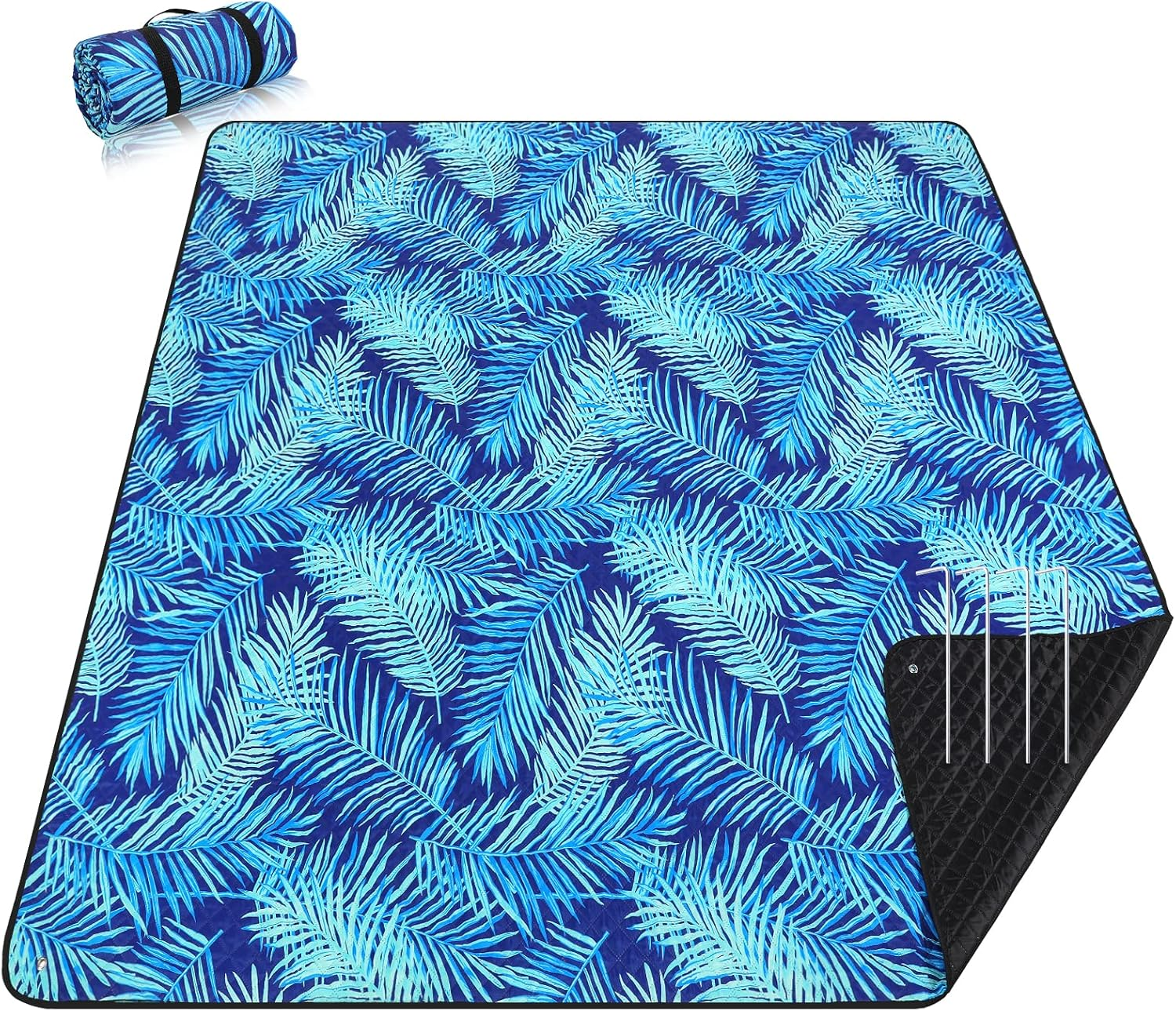 PY SUPER MODE Extra Large Waterproof Picnic Blankets 83X79 Inches - 5 Layer Outdoor Picnic Mat for Beach Camping Park Lawn, Windproof Anchor System with Stakes, Foldable Blue&Brown