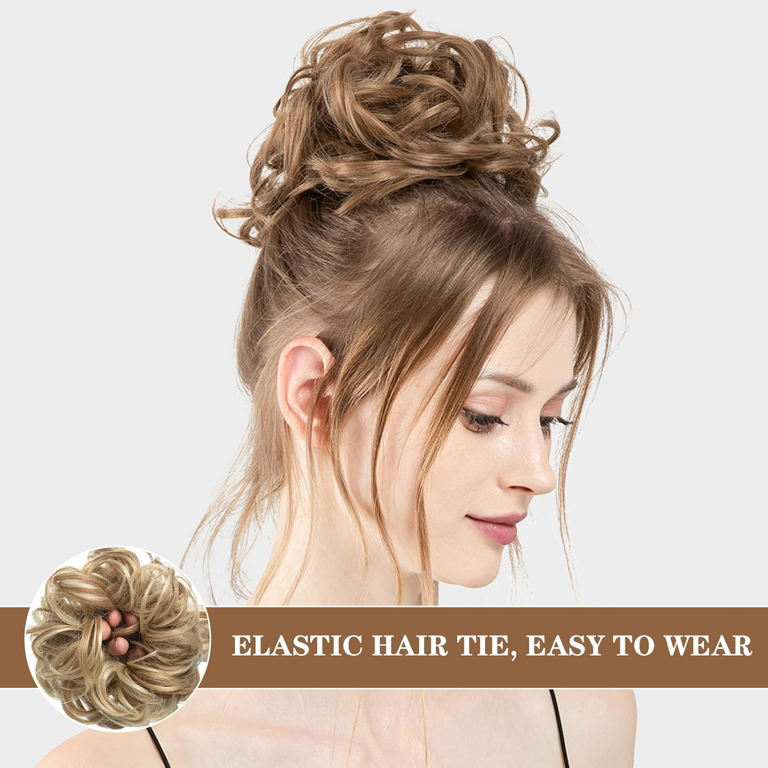 Hair Topper&mdash; Wavy Curly, Elastic, 7.8Inch Diameter&mdash;For Updos,Messy Bun,Ponytails, Daily Looks&mdash;Ideal for Women, Partygoers, Style Lovers (2PCS, Dirty Blonde) image number 1