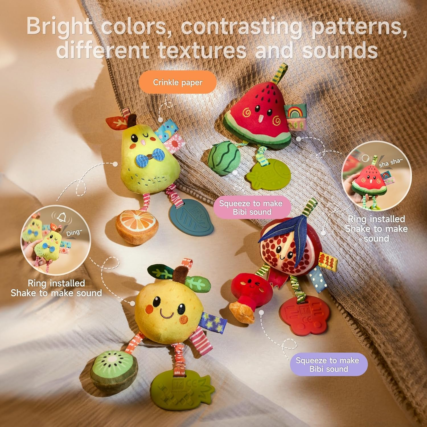TUMAMA Baby Hanging Rattle Toys 4 Pack Fruit Soft Sensory Set for Car Seat Stroller Mobile 0 3 6 9 12+ Months image number 6
