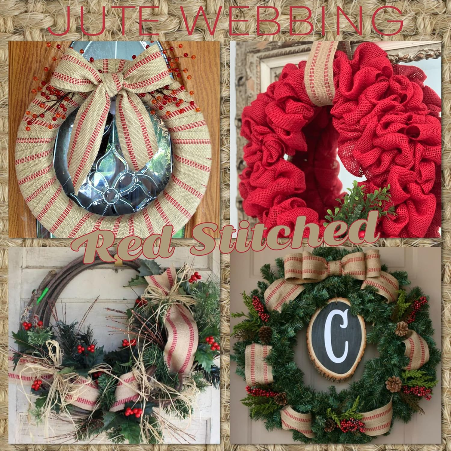 MEEDEE Red Jute Webbing 2 Inch Upholstery with Red Stitching - Heavy Duty Furniture Webbing for Chairs, Christmas Garland, Jute Wreath, Banner (10 Yards) image number 3
