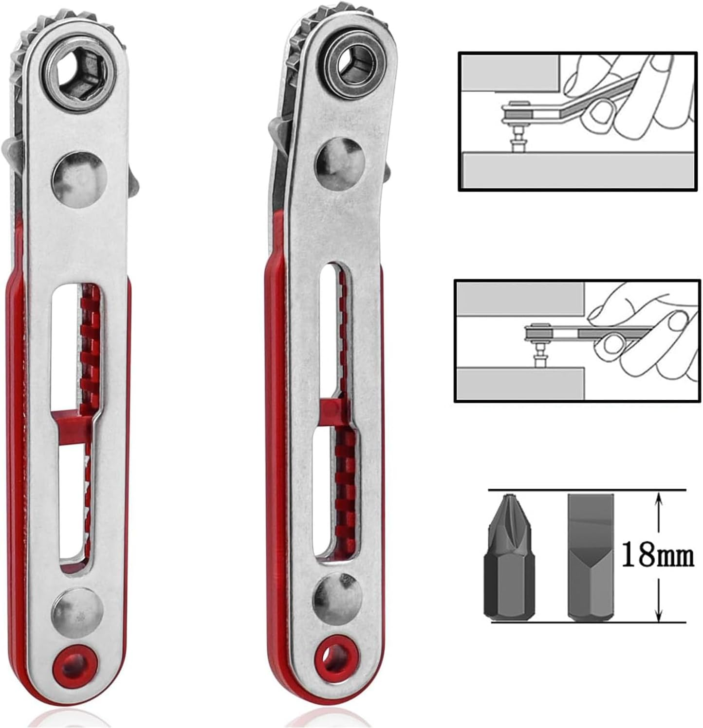 Mtxorvix 2Pcs Mini Ratchet Wrench Set, 1/4 Inch Drive Ratcheting Screwdriver Wrenches Elbow Head & Flat Head High Torque Offset Reversible Drive Handle for 1/4" Hex Shank Drill/Screwdriver Bits image number 2
