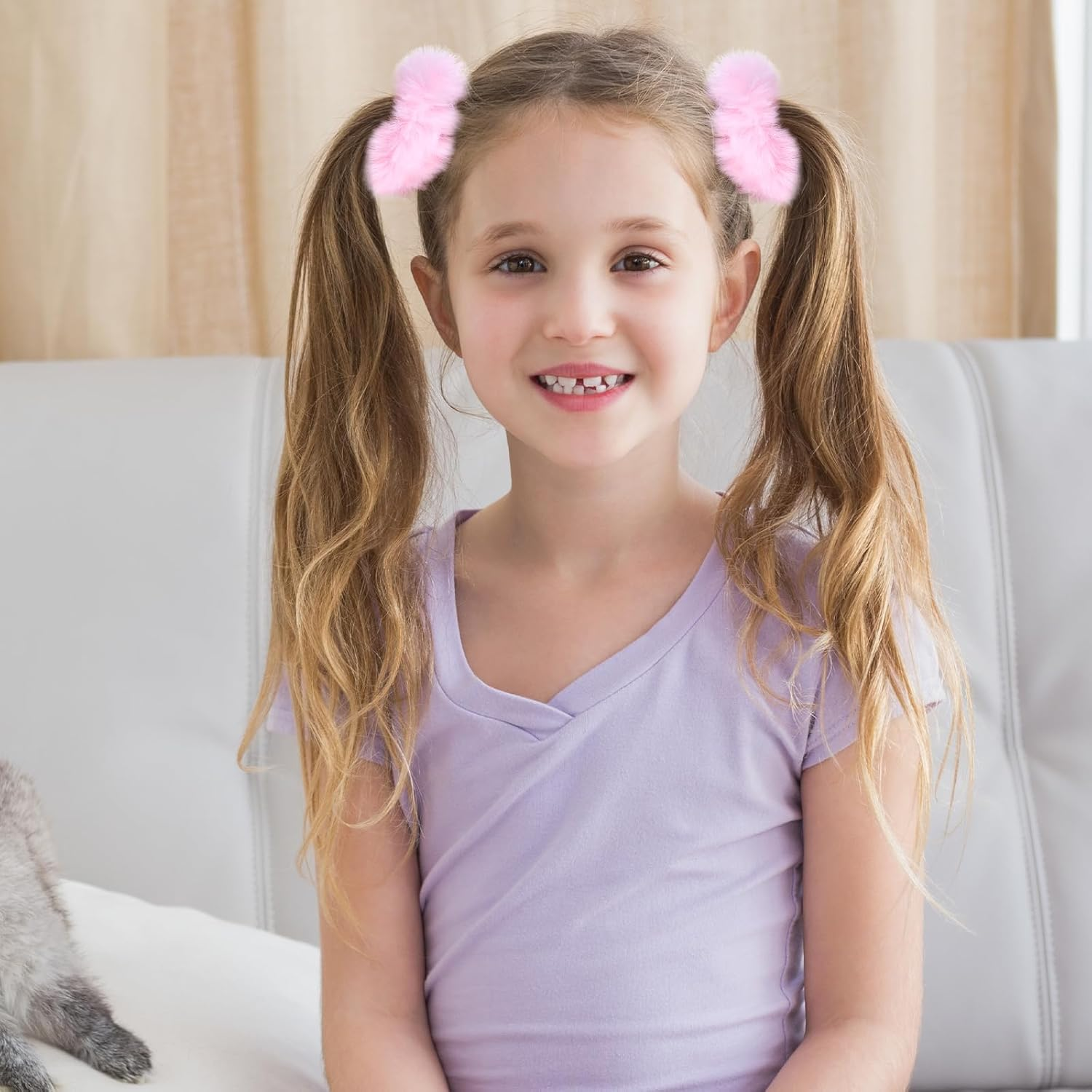 2 Pcs Pink Pom Pom Hair Tie, Fuzzy Furry Faux Rabbit Fur Scrunchies Ponytail Holders Baby Hair Ties Pom Hair Accessories for Girls Women (Pink) image number 1