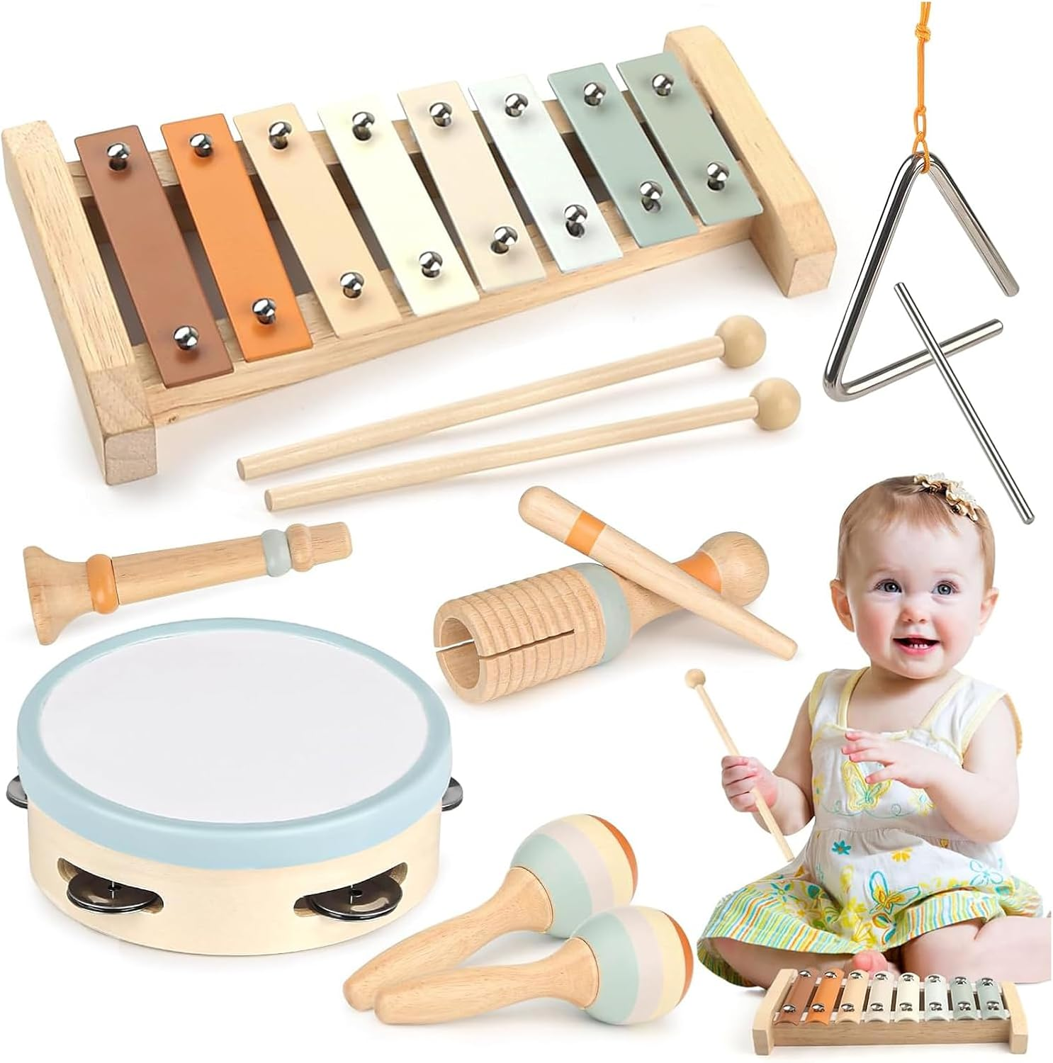 Kids Wooden Musical Instruments Toys, 6 in 1 Toddlers Music Enlightenment Percussion Toys Xylophone Drum Tambourine Sensory Toys for Baby Boy Girl Gift image number 5